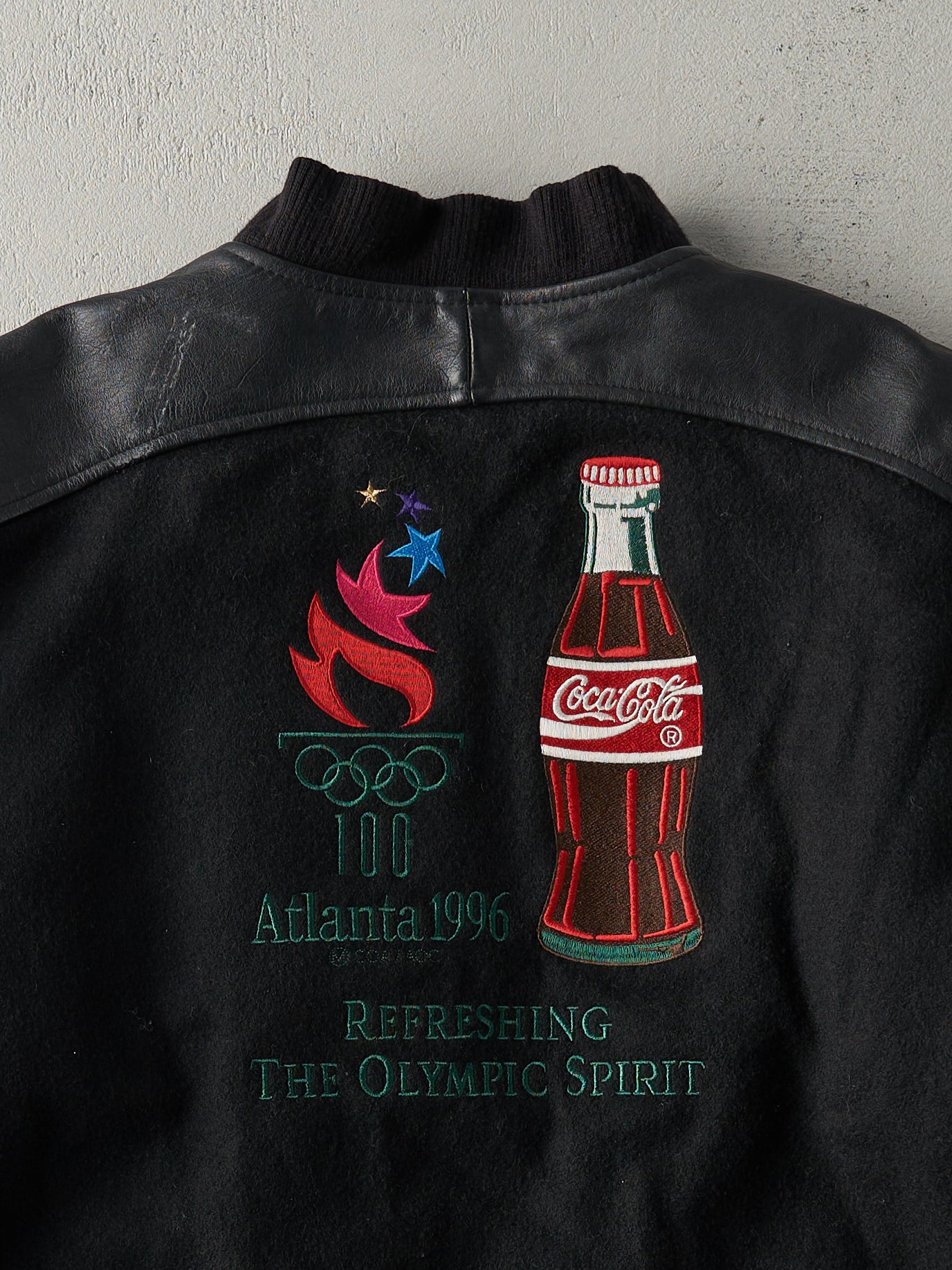 Vintage 96' Black Coca Cola Atlanta Olympics Wool and Leather Embroidered Jacket (L)