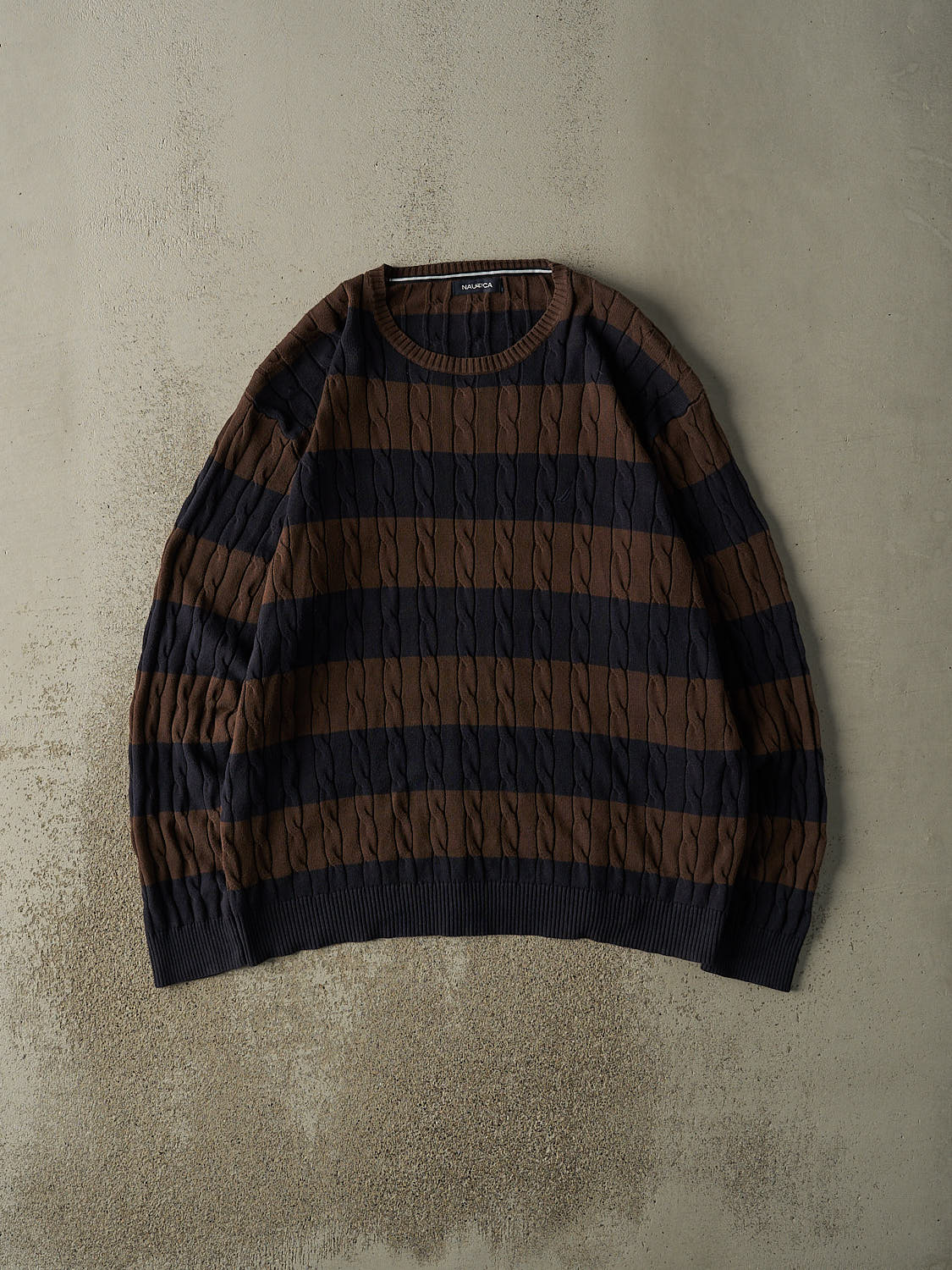 Vintage Y2K  Brown & Navy Nautica Striped Cable  Knit Sweater (XXL)