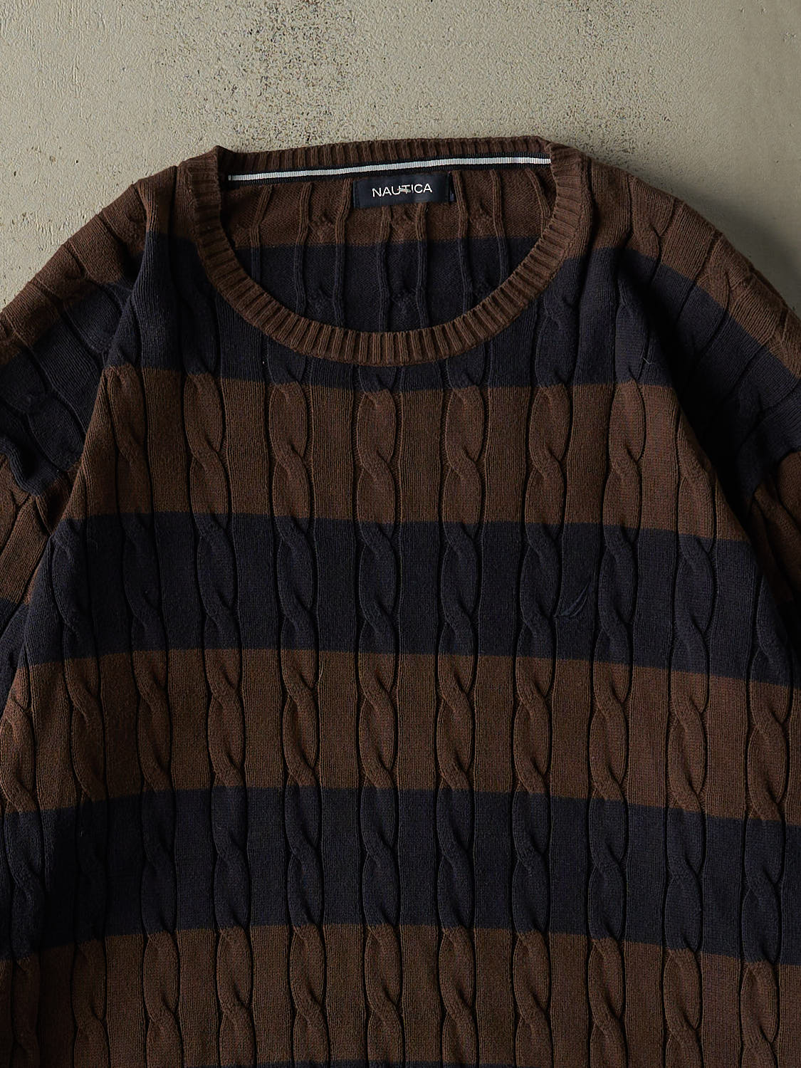 Vintage Y2K  Brown & Navy Nautica Striped Cable  Knit Sweater (XXL)