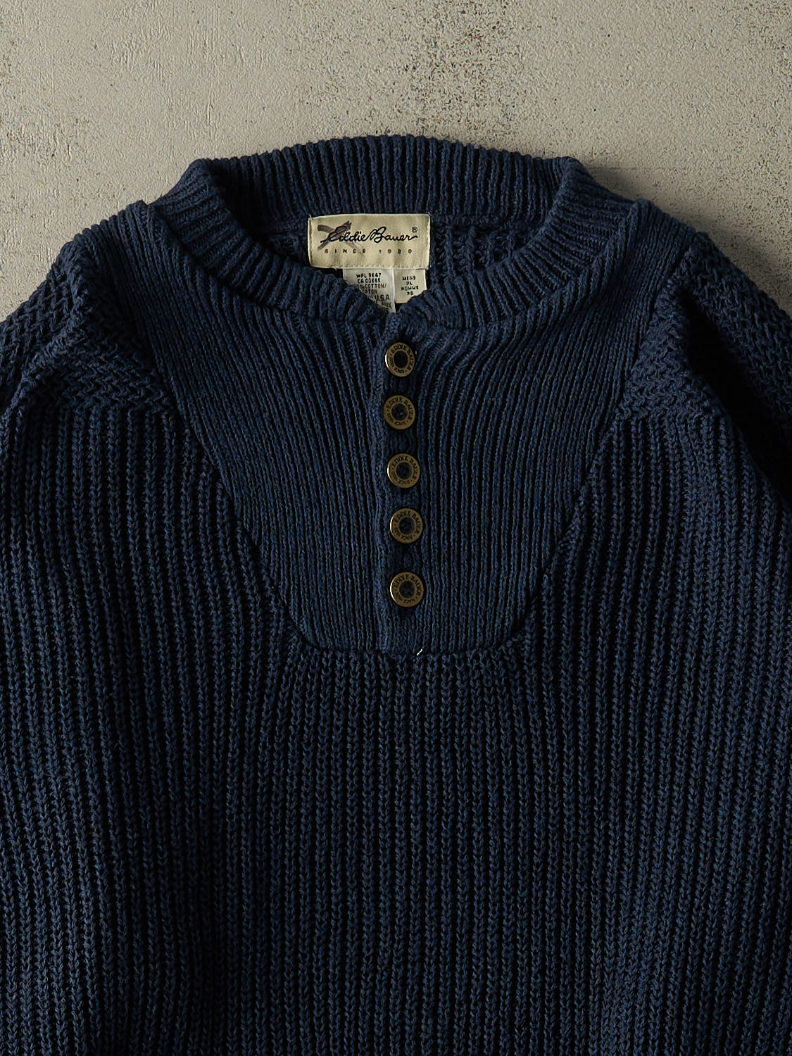 Vintage 90s Navy Blue Eddie Bauer Quarter Button Knit (XL)