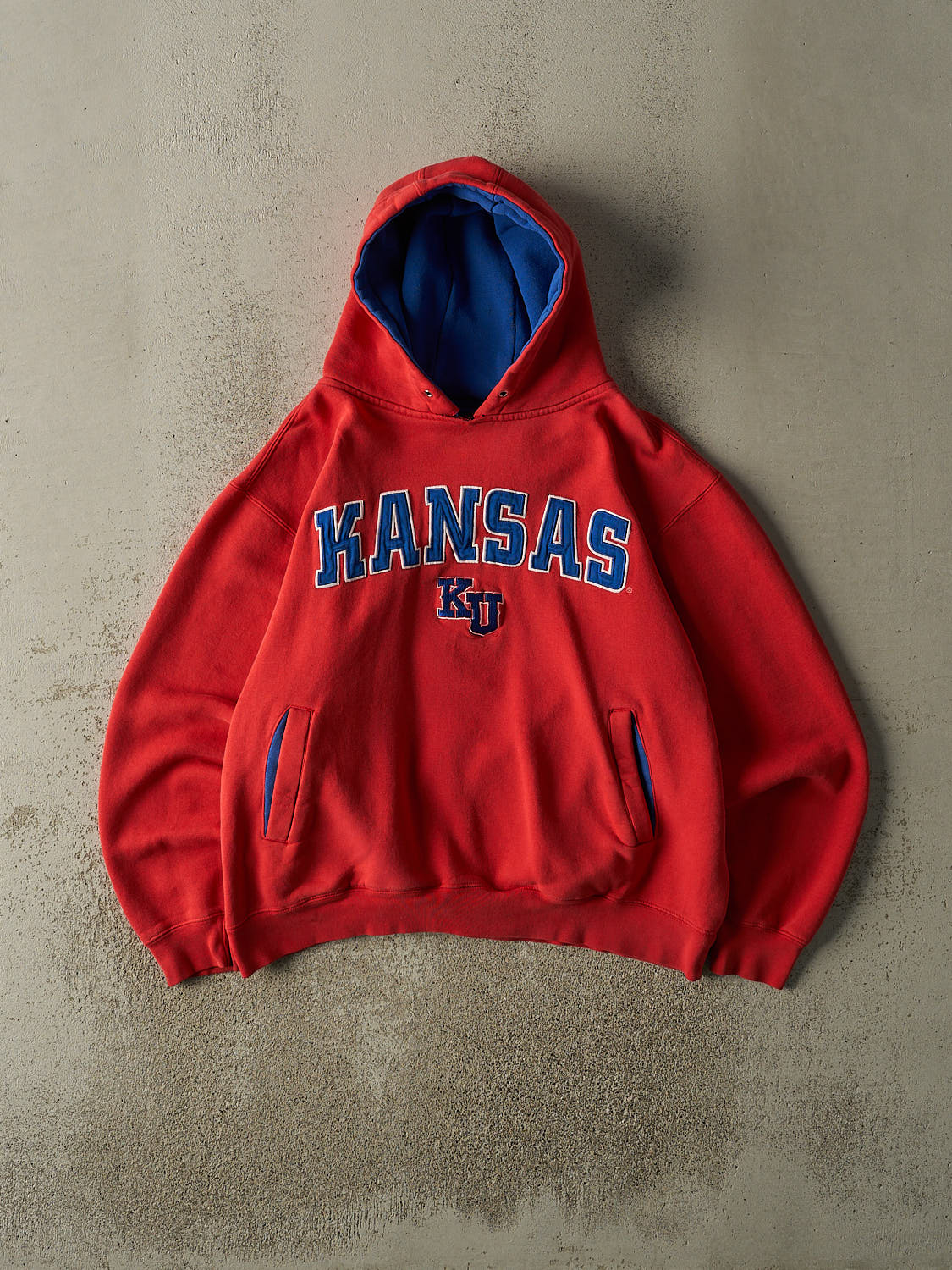 Vintage Y2K Sun Faded Red University of Kansas Embroidered Boxy Hoodie (L/XL)