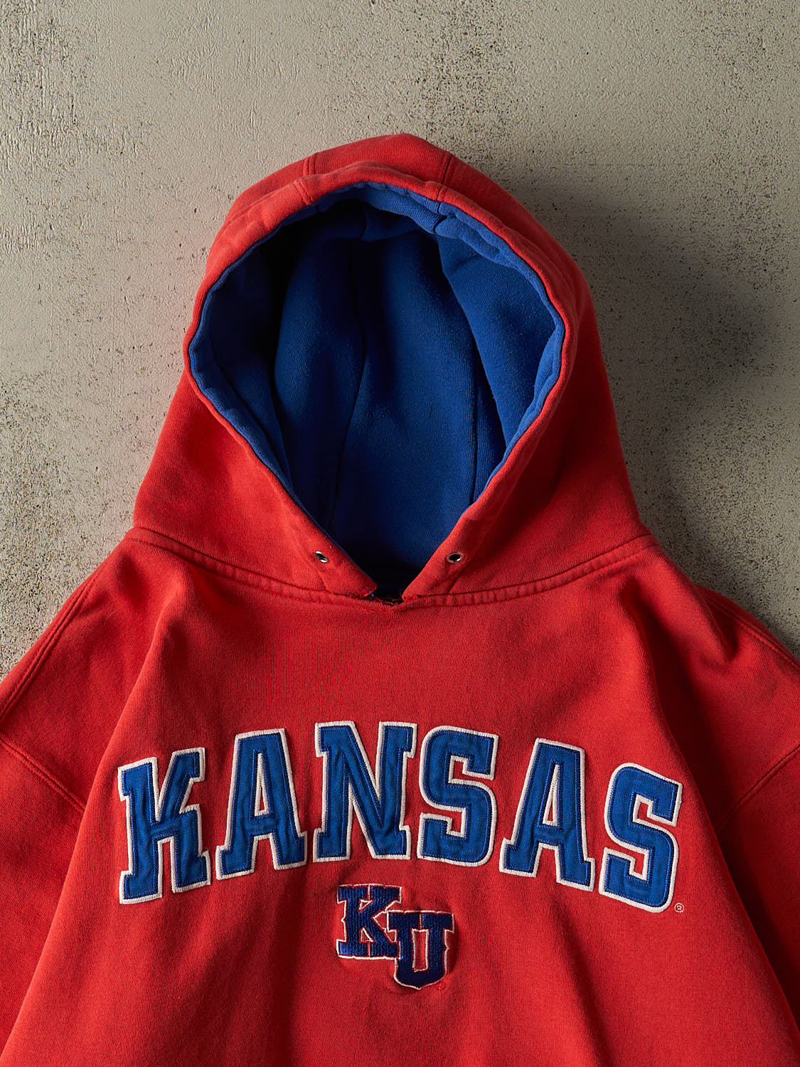 Vintage Y2K Sun Faded Red University of Kansas Embroidered Boxy Hoodie (L/XL)