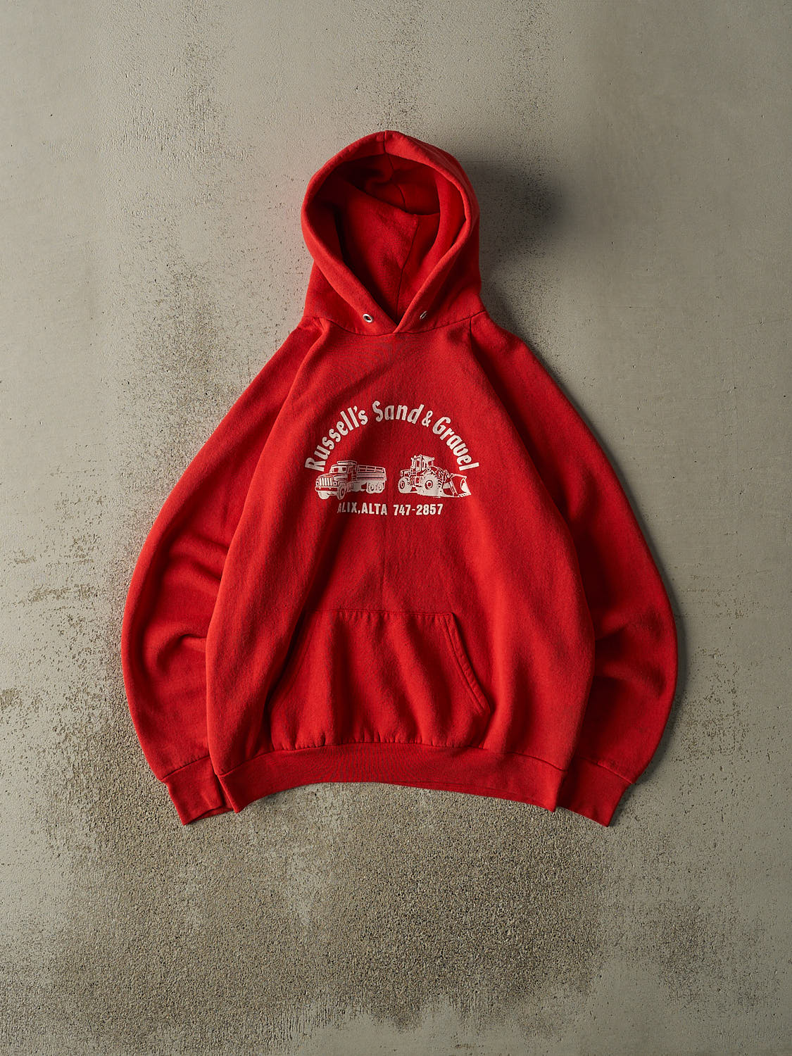 Vintage 80s Sun Faded Red Russell's Sand & Gravel Hoodie (L)