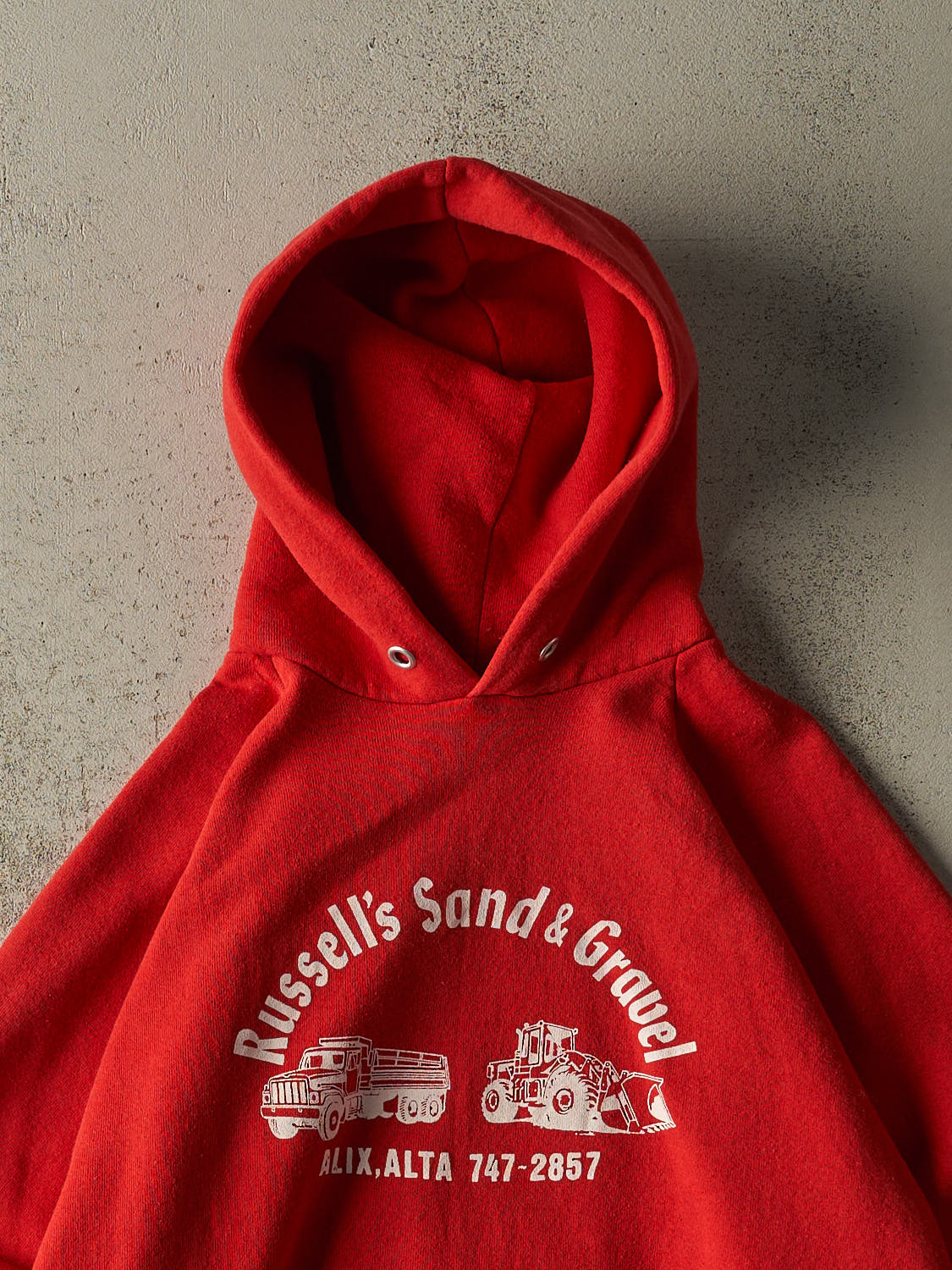 Vintage 80s Sun Faded Red Russell's Sand & Gravel Hoodie (L)