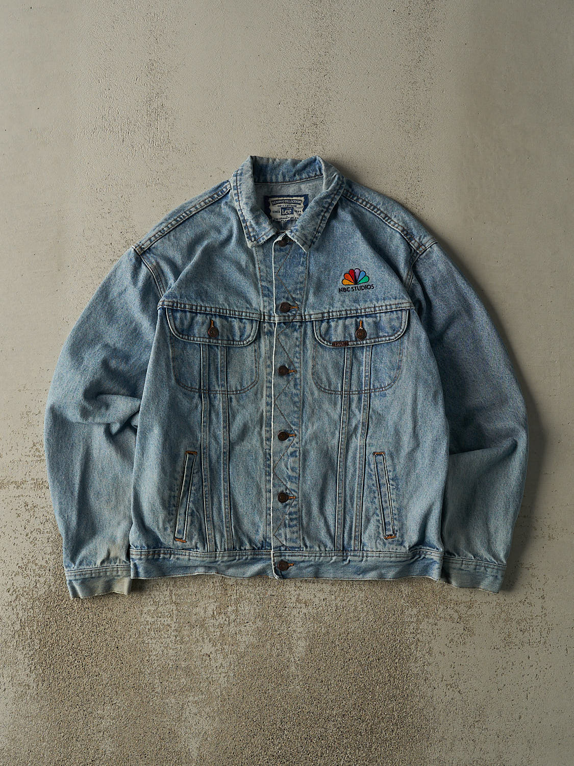 Vintage 90s Light Wash Lee NBC Embroidered Jean Jacket (L/XL)