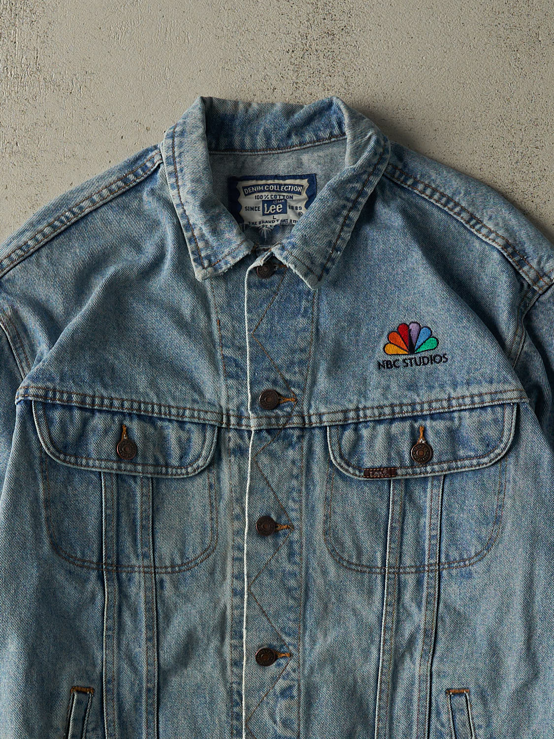 Vintage 90s Light Wash Lee NBC Embroidered Jean Jacket (L/XL)