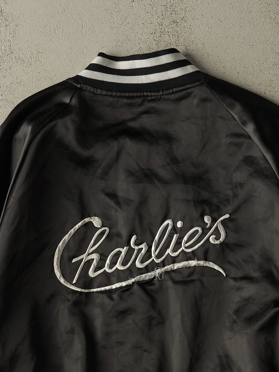 Vintage 80s  Black Embroidered Satin Bomber Jacket (XL/XXL)