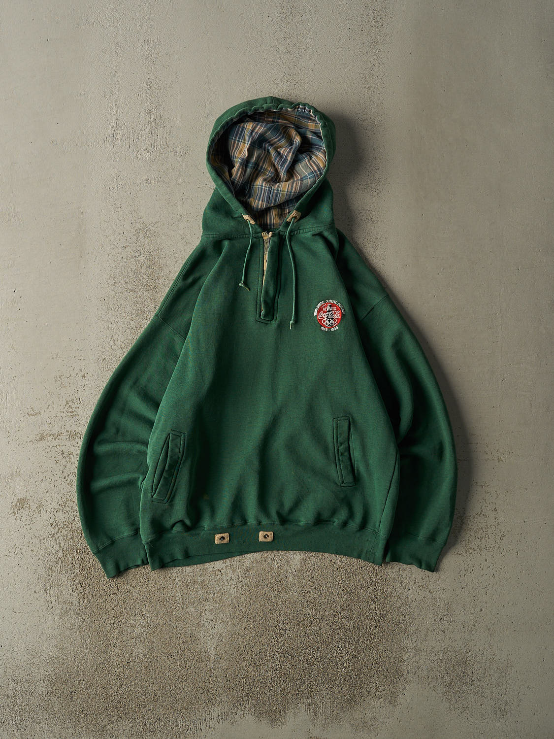 Vintage 96'  Sun Faded Green Coca Cola Embroidered Quarter Zip Hoodie  (L/XL)
