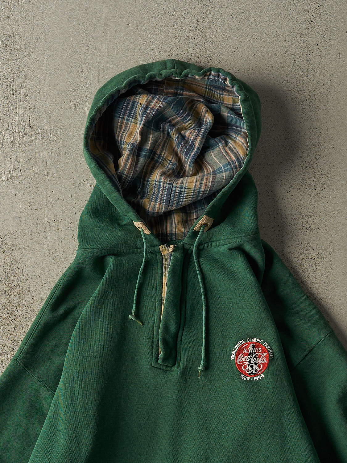 Vintage 96'  Sun Faded Green Coca Cola Embroidered Quarter Zip Hoodie  (L/XL)