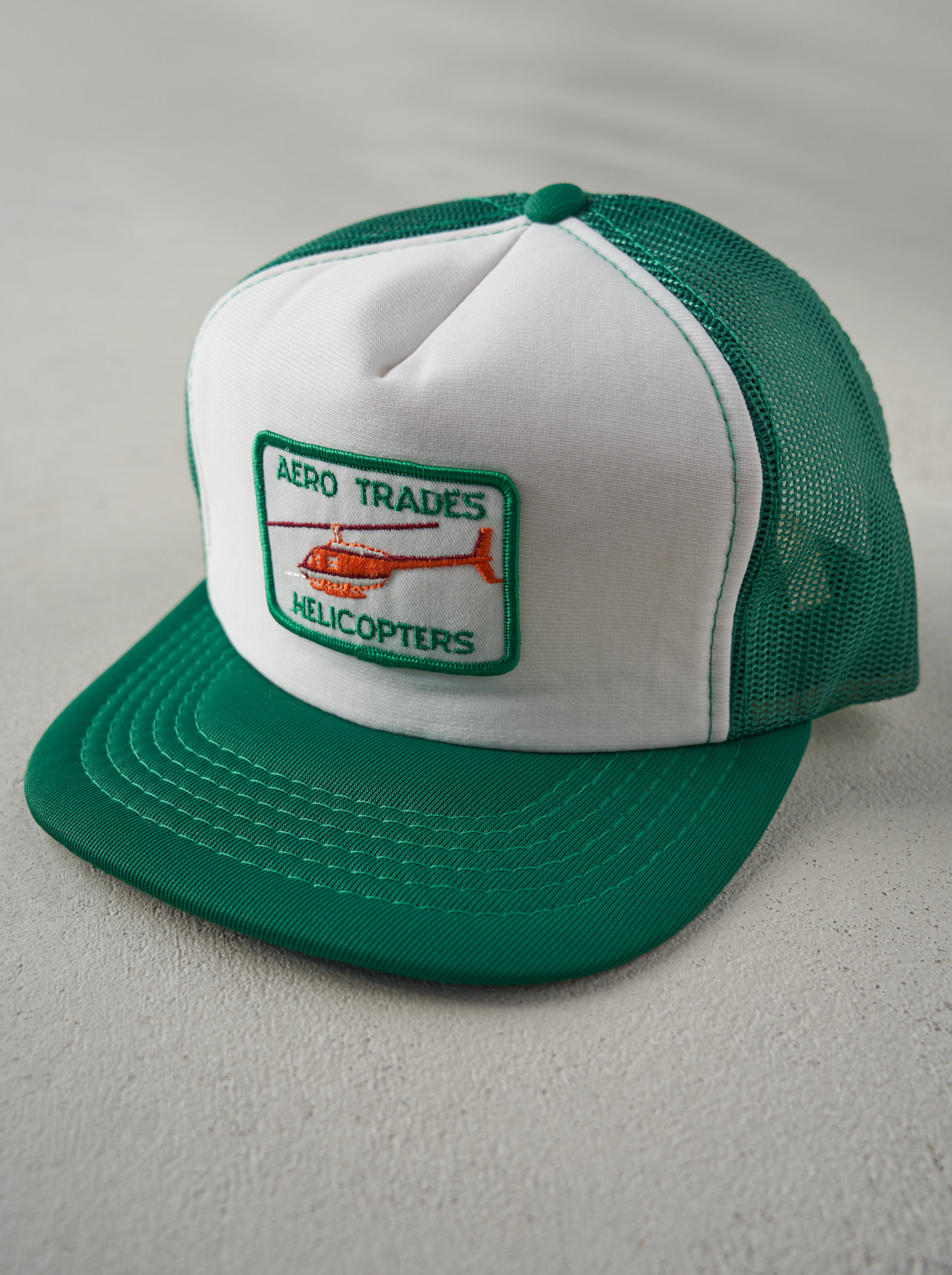 Vintage 80s Green Aero Trades Helicopters Foam Trucker Hat