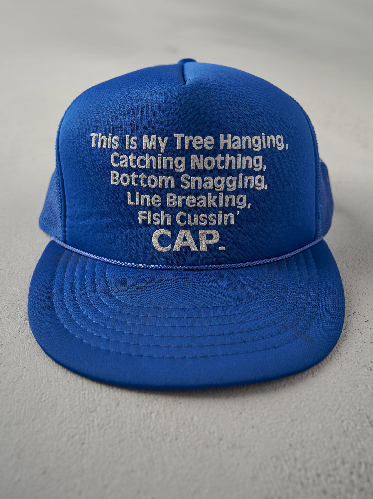 Vintage 80s Blue Fishing Slogan Foam Trucker Hat
