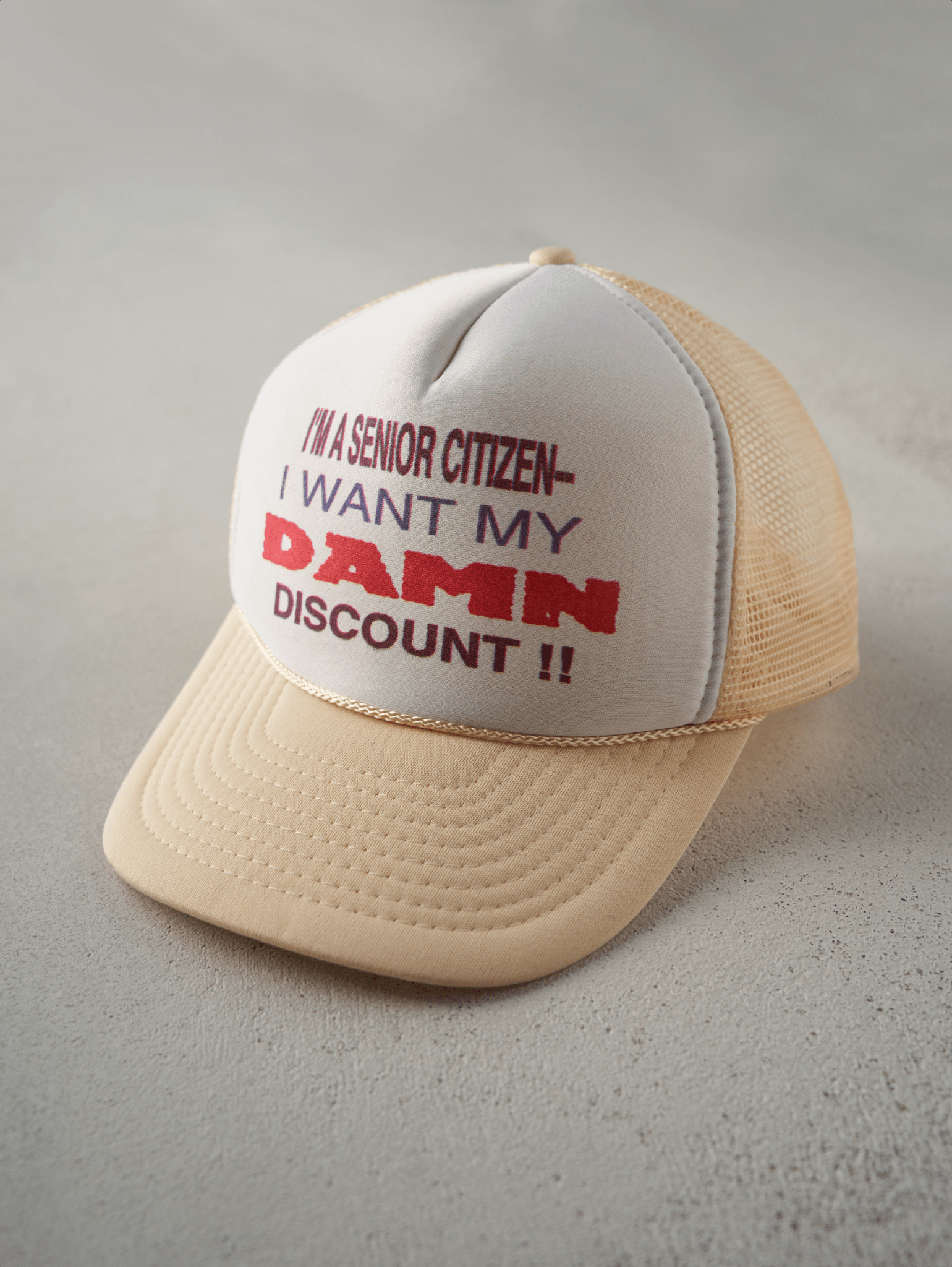 Vintage 90s Beige "I Want My Damn Discount" Foam Trucker Hat