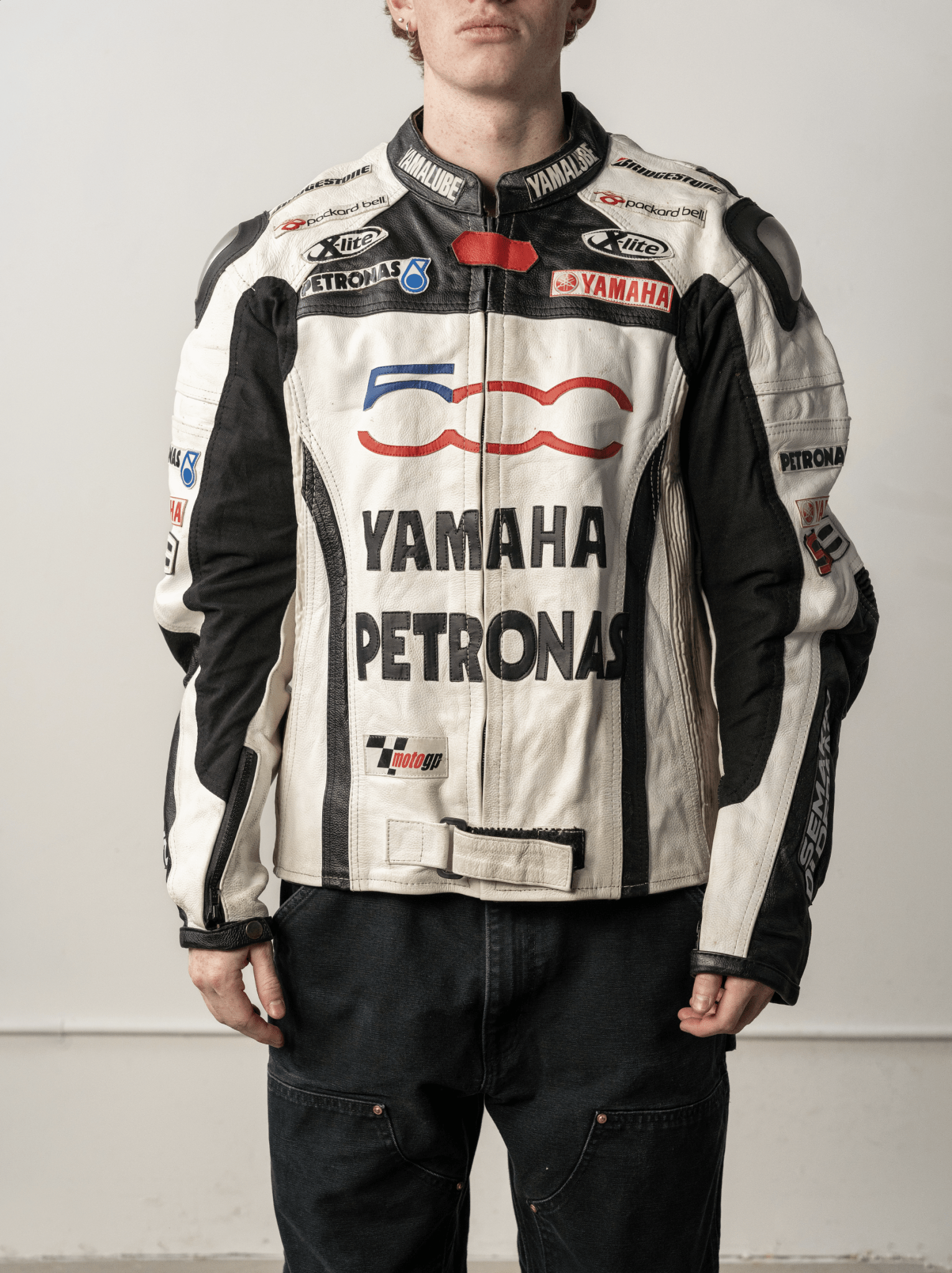 Vintage 90s White & Black Yamaha Leather Racing Biker Jacket (M)