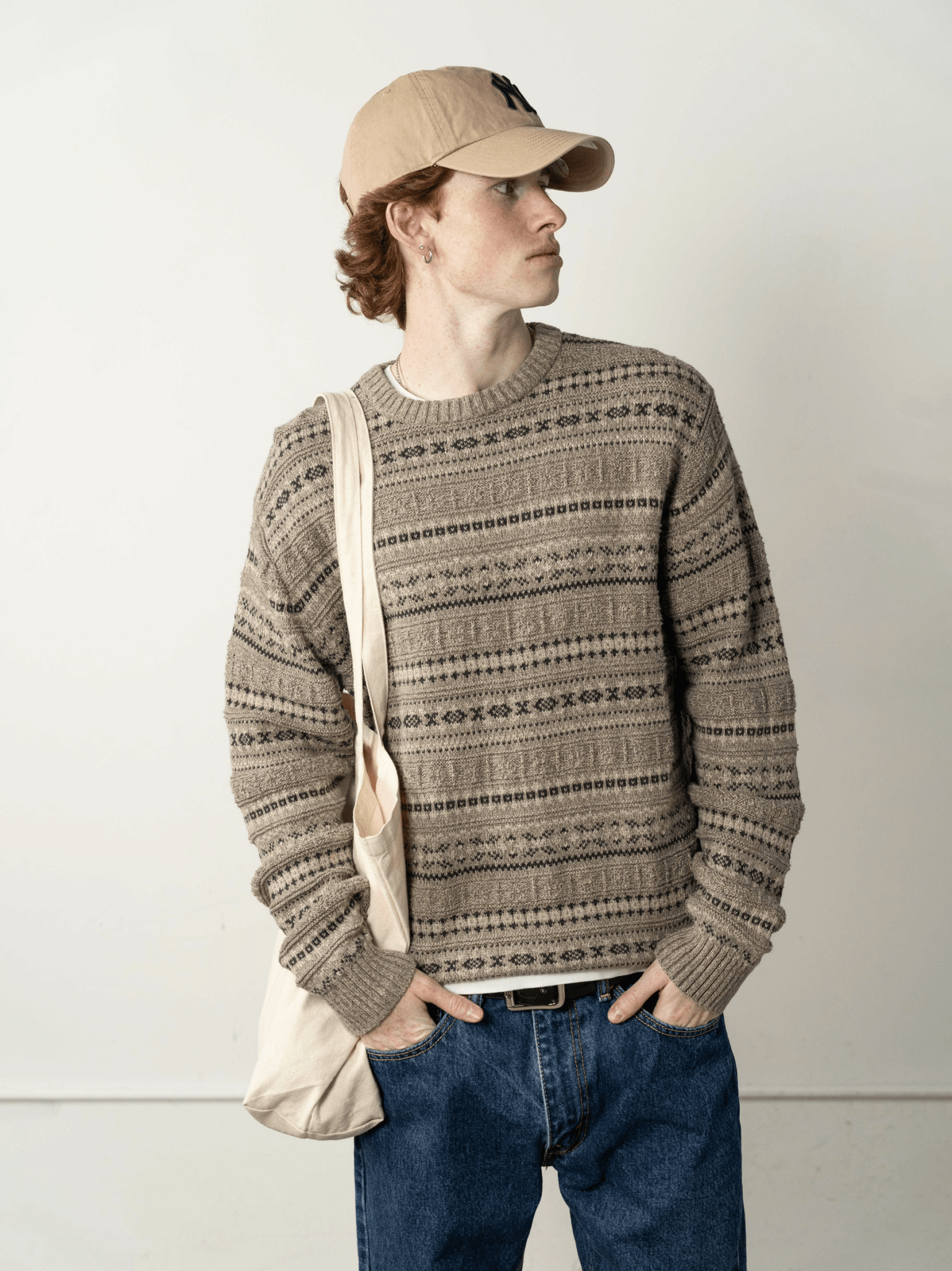 Vintage 80s Beige & Black Knit Pullover (M)