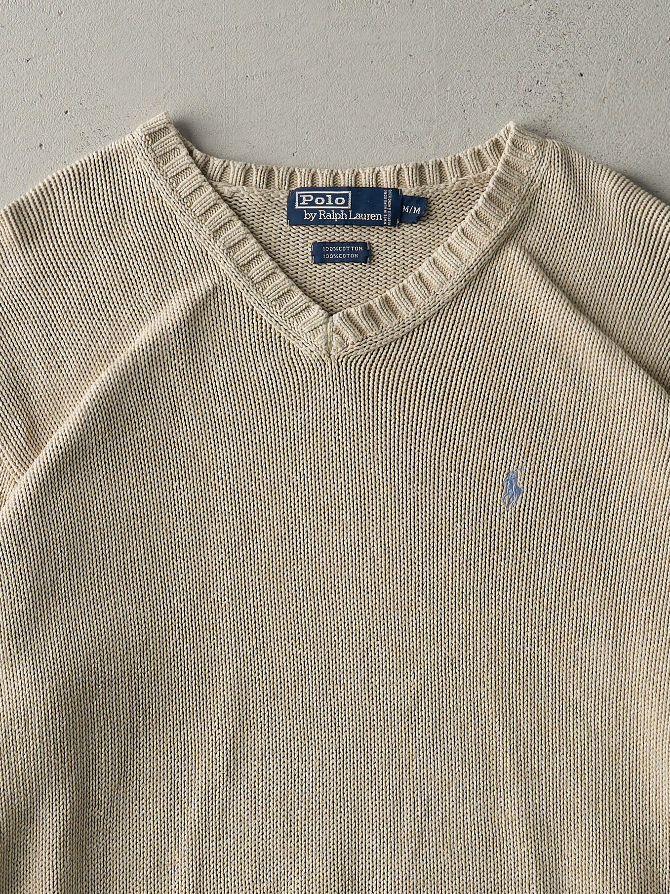 Vintage 80s Beige V Neck Polo Knit Sweater (M)