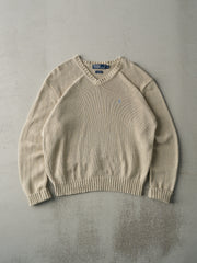 Vintage 80s Beige V Neck Polo Knit Sweater (M)