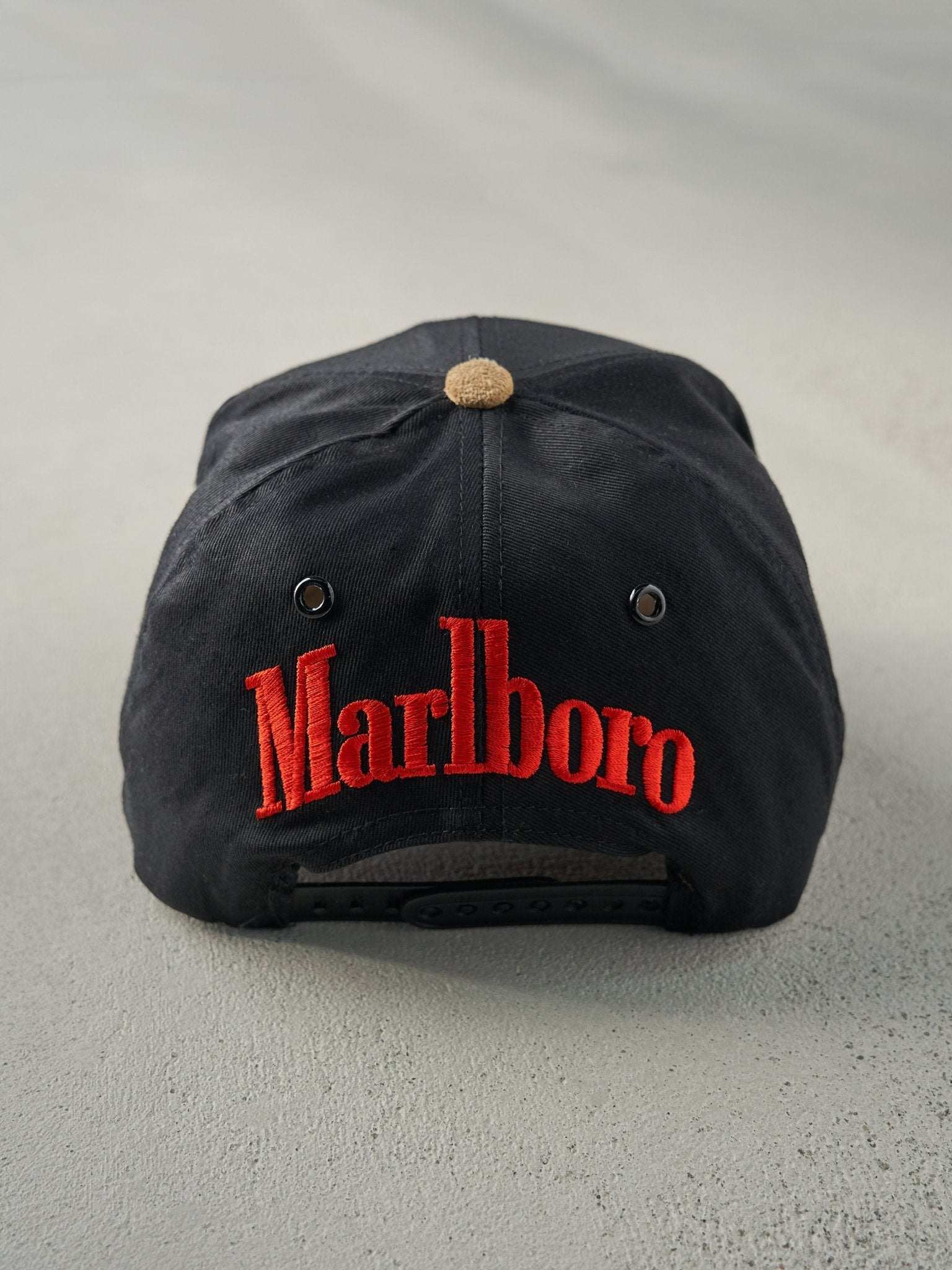 Vintage 90s Black Marlboro Longhorn Bull Suede Snap Back Hat