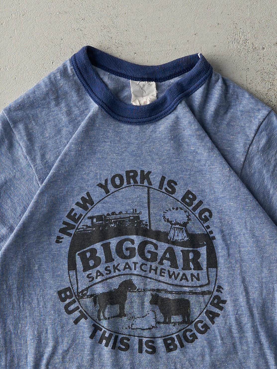 Vintage 80s Blue Biggar Saskatchewan Ringer Tee (XXS)