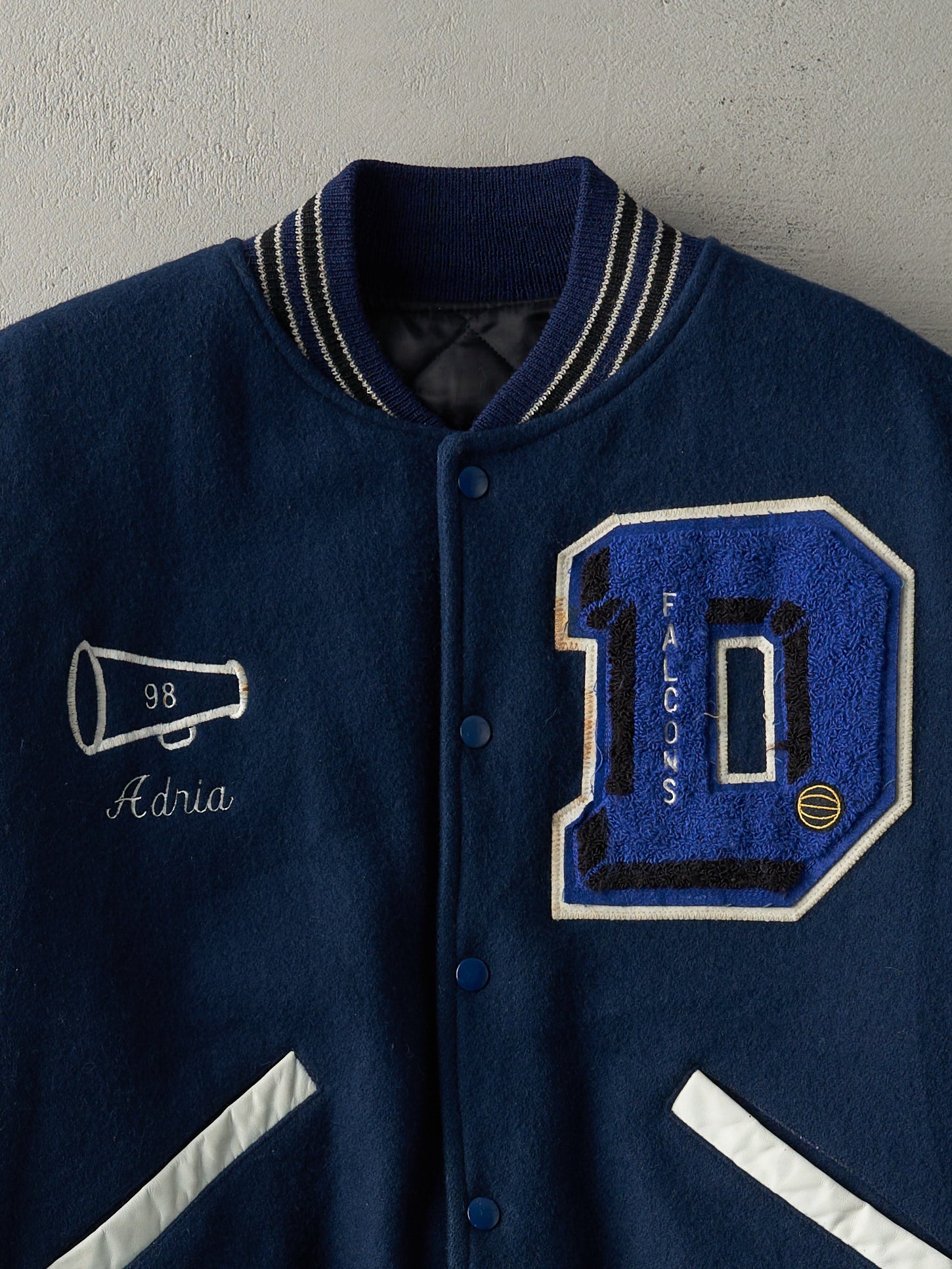 Vintage 98' Navy and White Falcons Boxy Letterman Jacket (L)