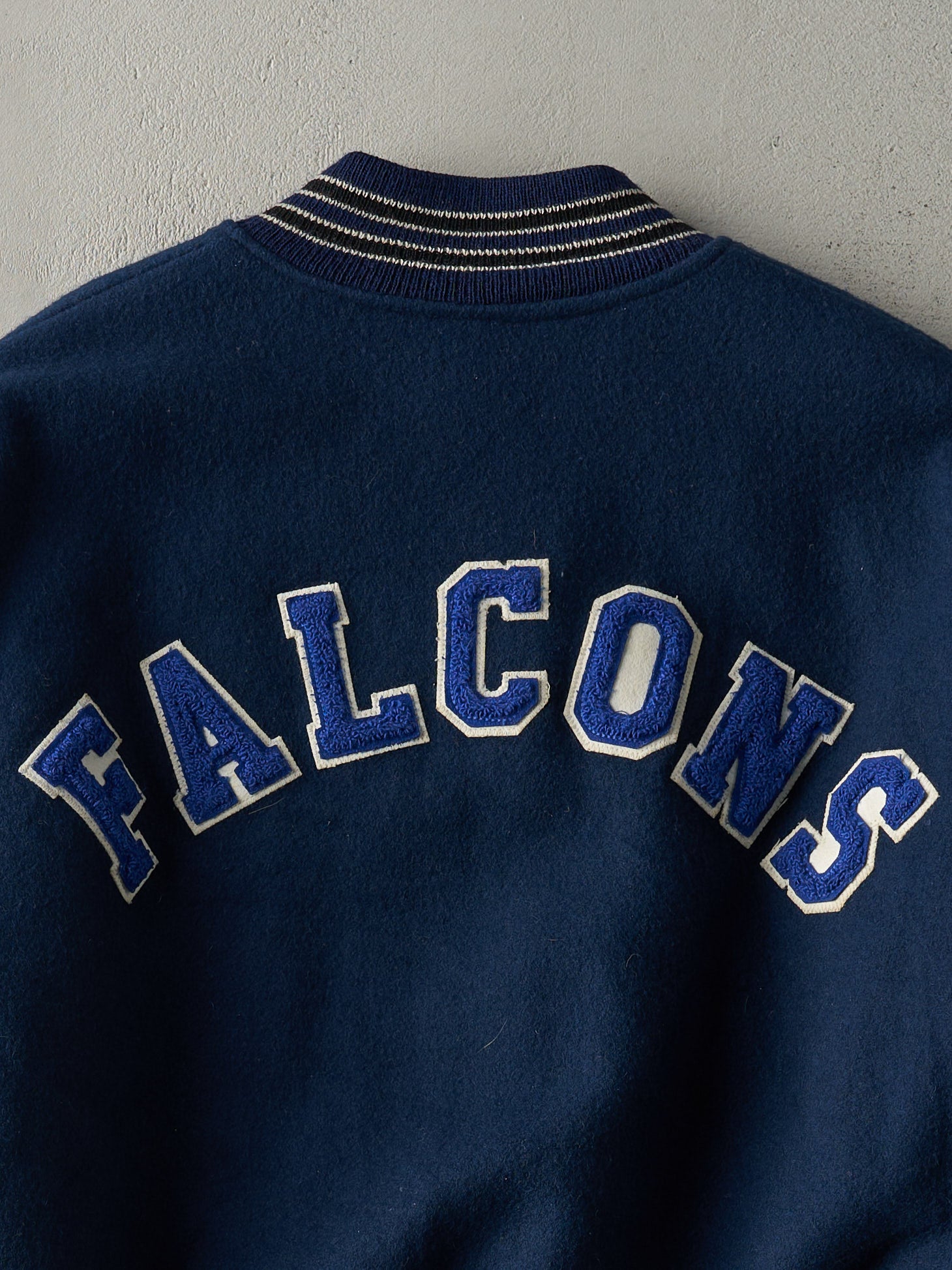 Vintage 98' Navy and White Falcons Boxy Letterman Jacket (L ...