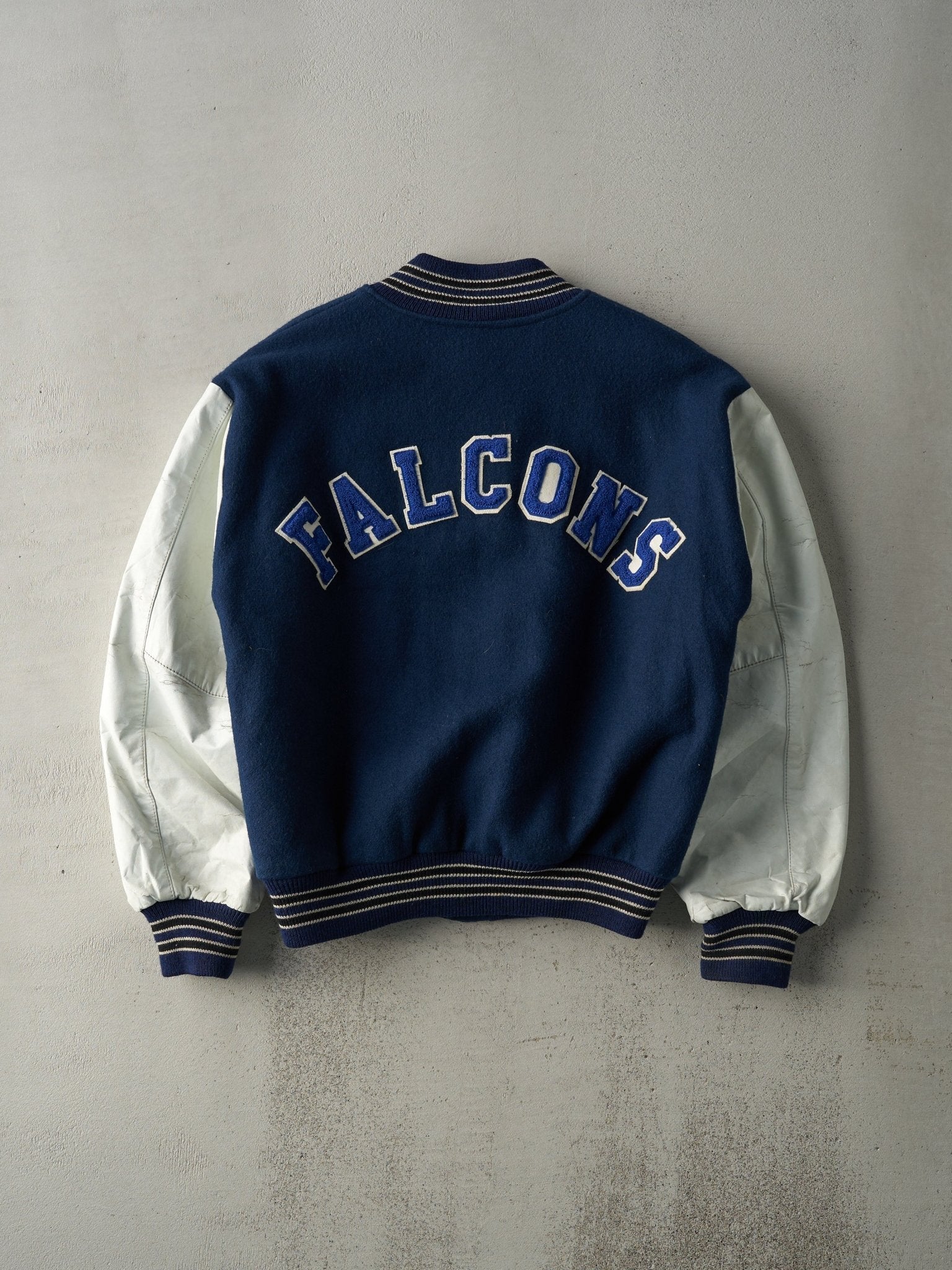 Vintage 98' Navy and White Falcons Boxy Letterman Jacket (L ...