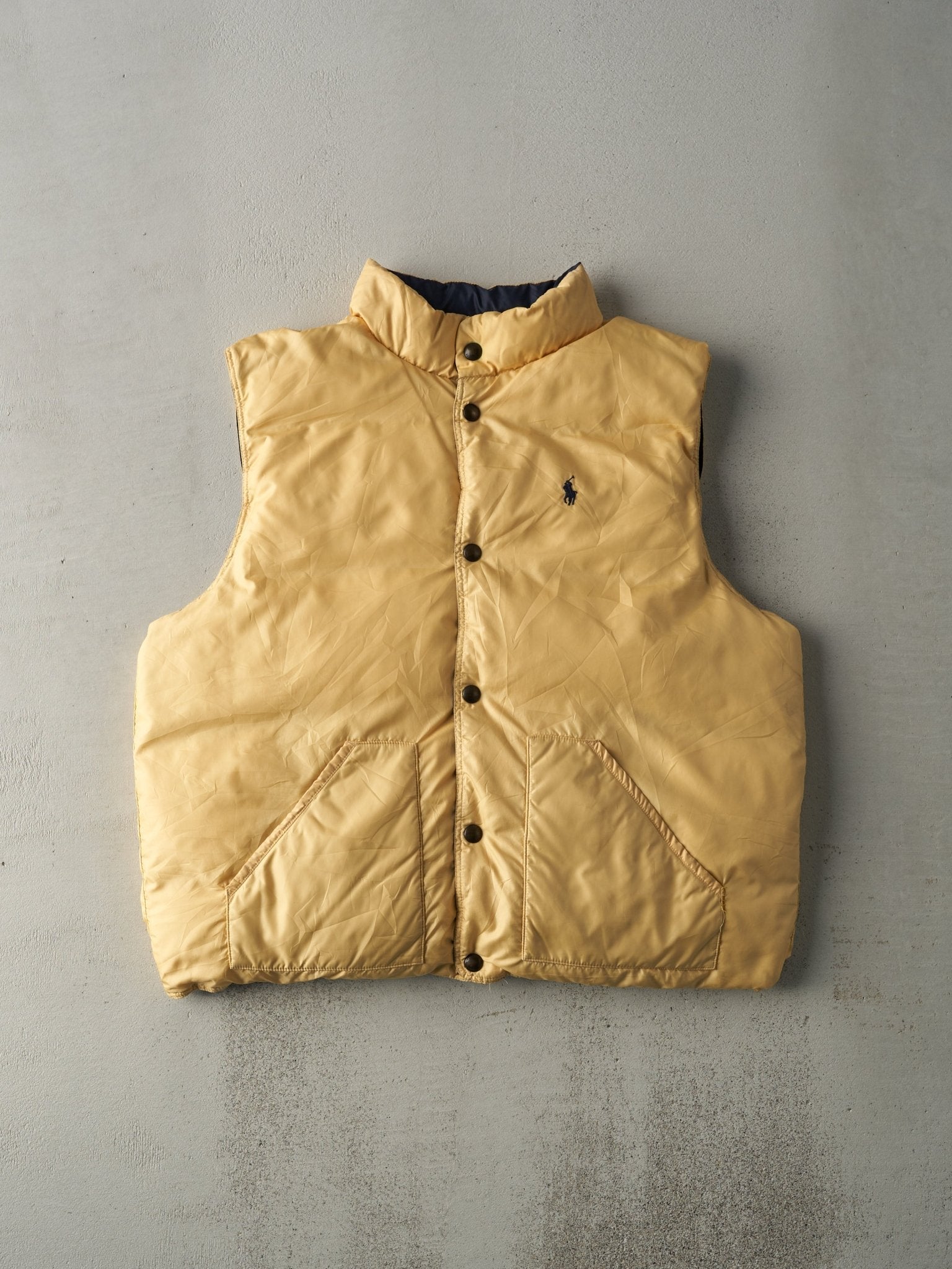 Vintage 90s Navy & Yellow Reversible Polo Puffer Vest (L)