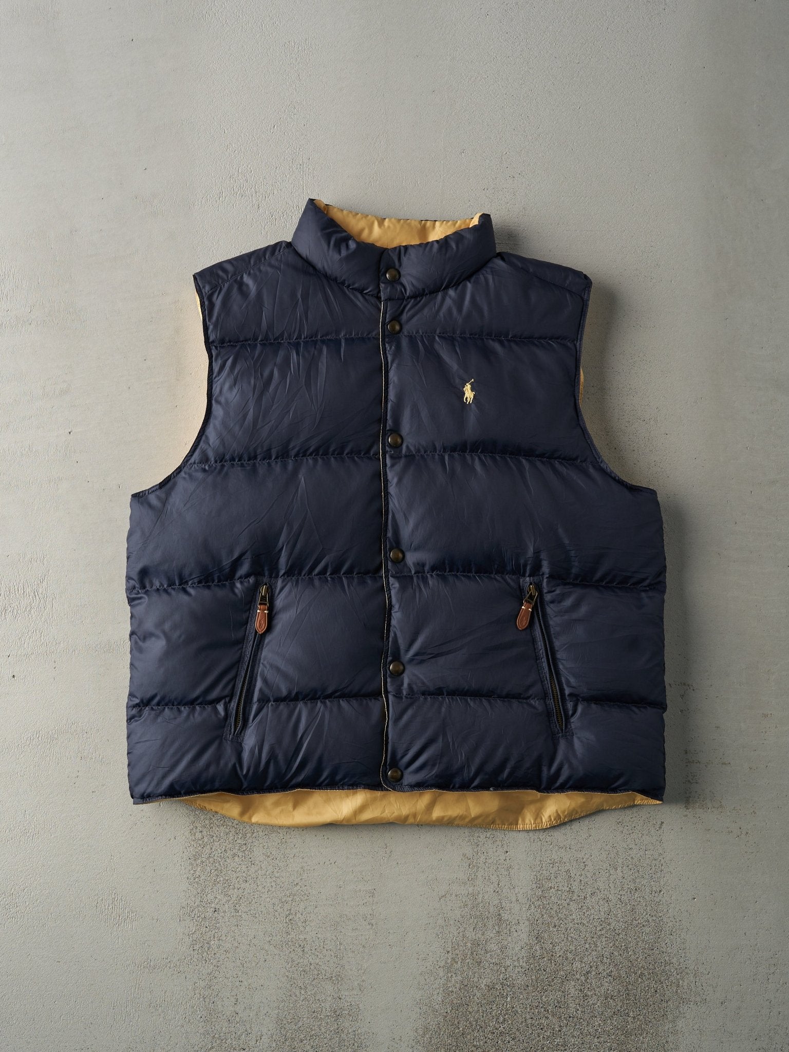 Vintage 90s Navy & Yellow Reversible Polo Puffer Vest (L)