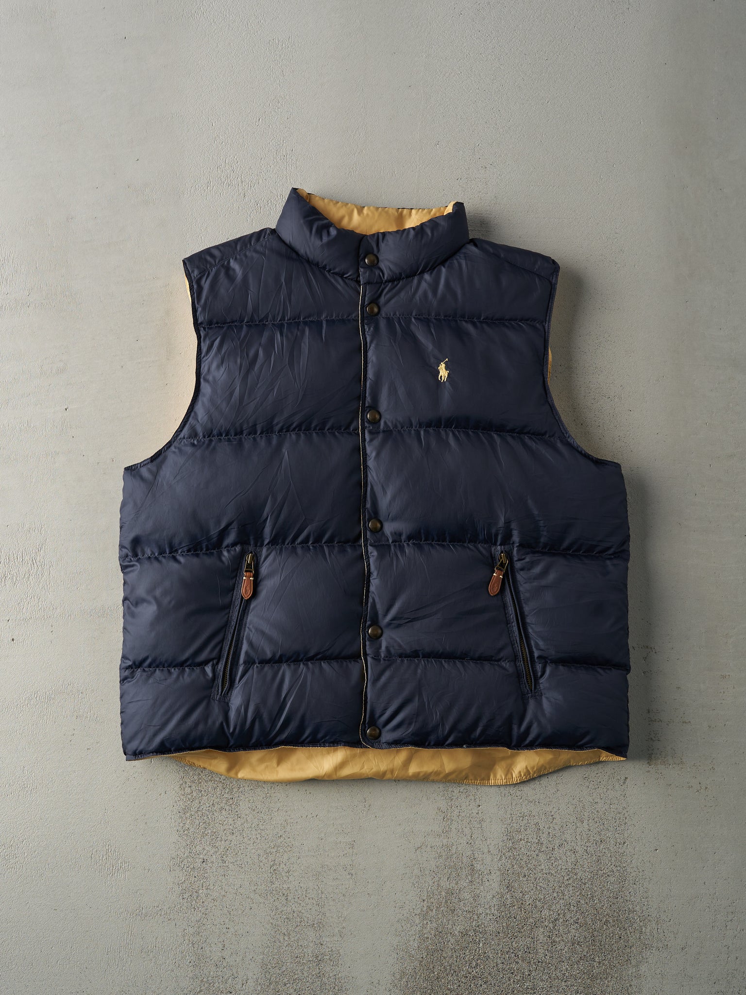 Vintage 90s Navy & Yellow Reversible Polo Puffer Vest (L)