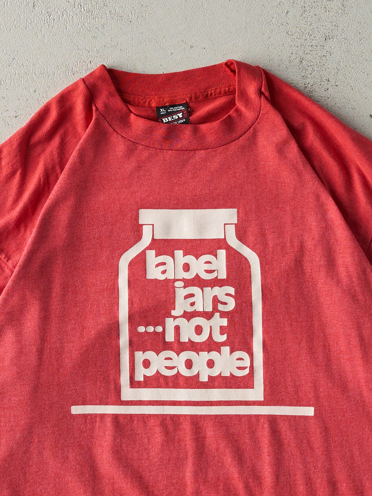 Vintage 90s Red "Label Jars Not People" Single Stitch Tee (L)