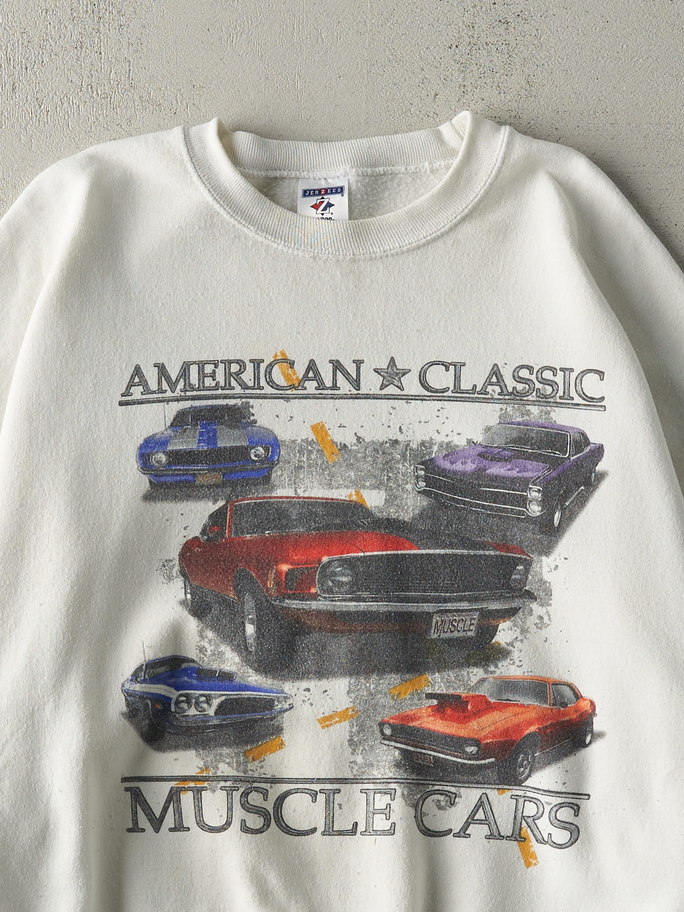 Vintage Y2K White American Classic Muscle Cars Boxy Crewneck (L)