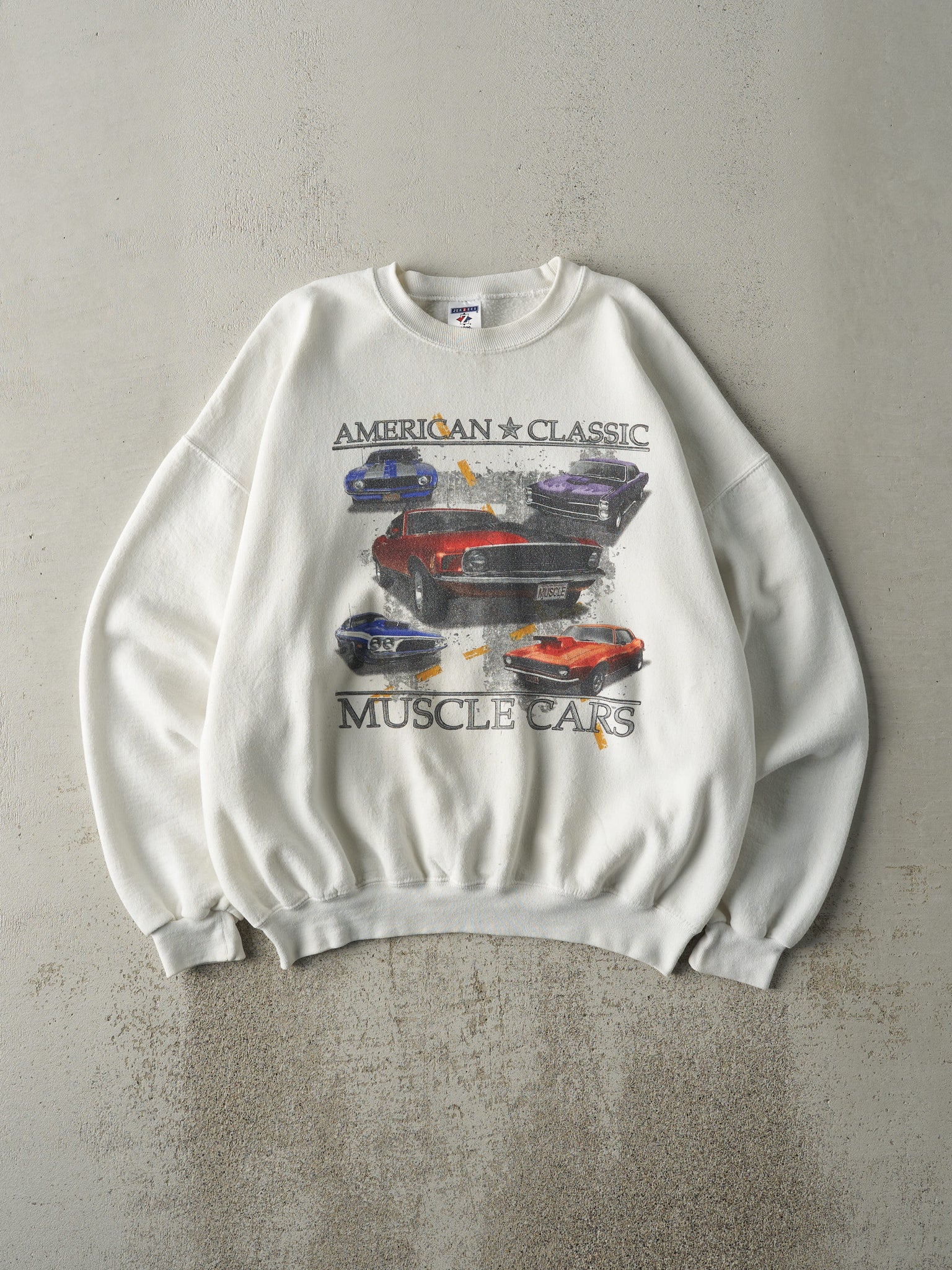 Vintage Y2K White American Classic Muscle Cars Boxy Crewneck (L)