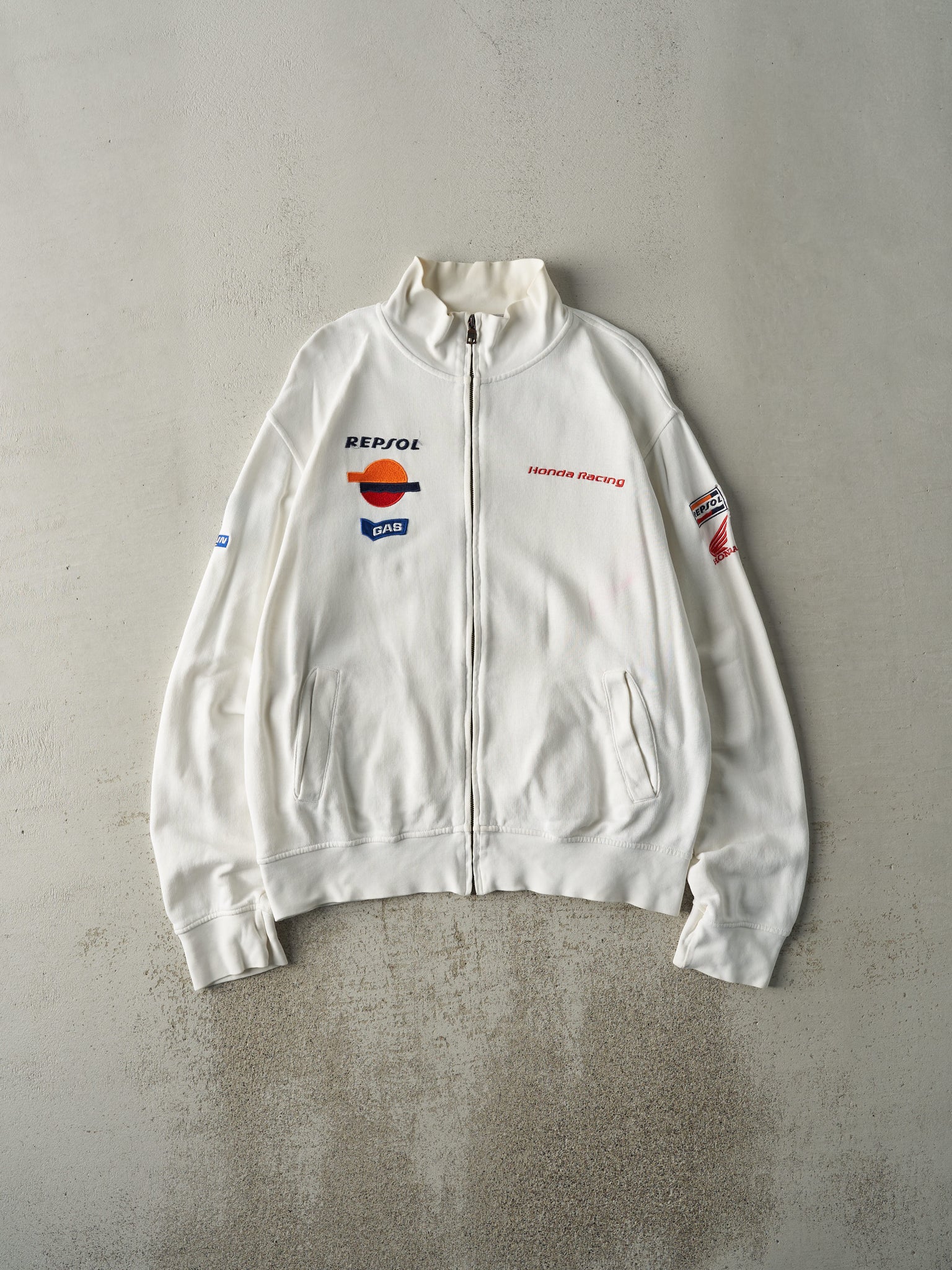 Vintage Y2K White Honda Racing Gas Zip Up Sweatshirt (L)