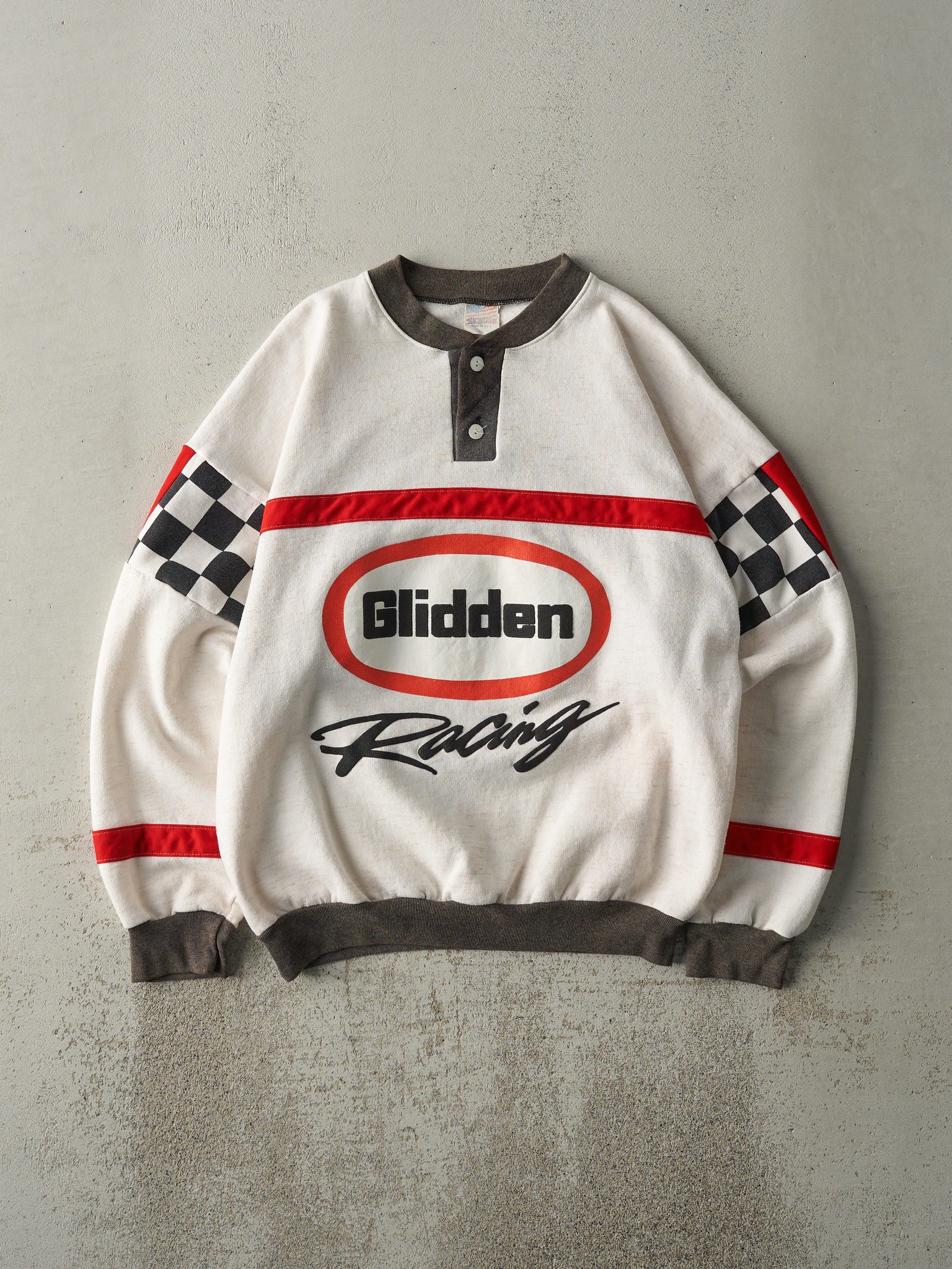 Vintage 90s White / Pink Glidden Racing Quarter Button Crewneck (L)