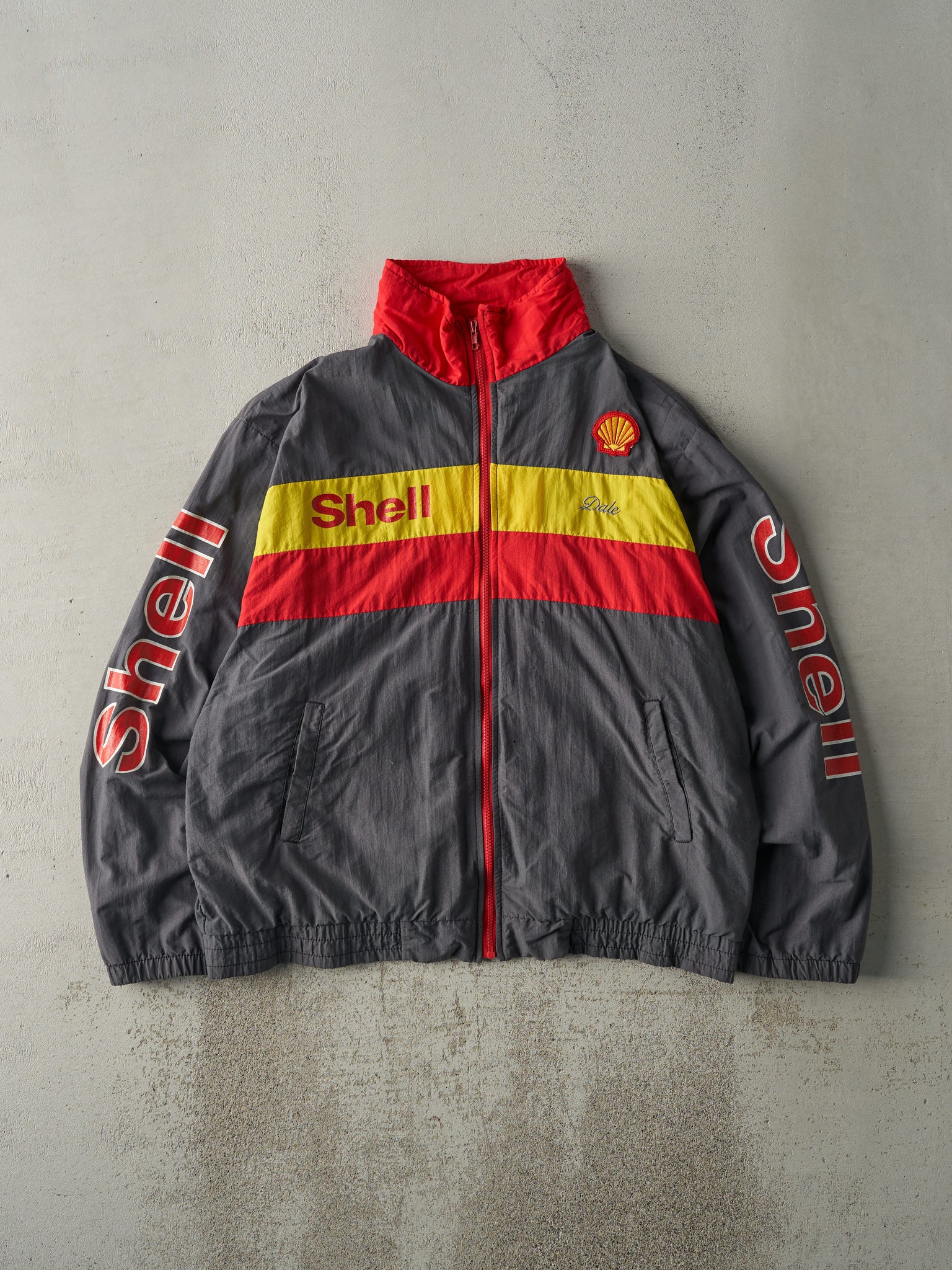 Vintage 90s Grey, Red & Yellow Shell Racing Jacket (XL)