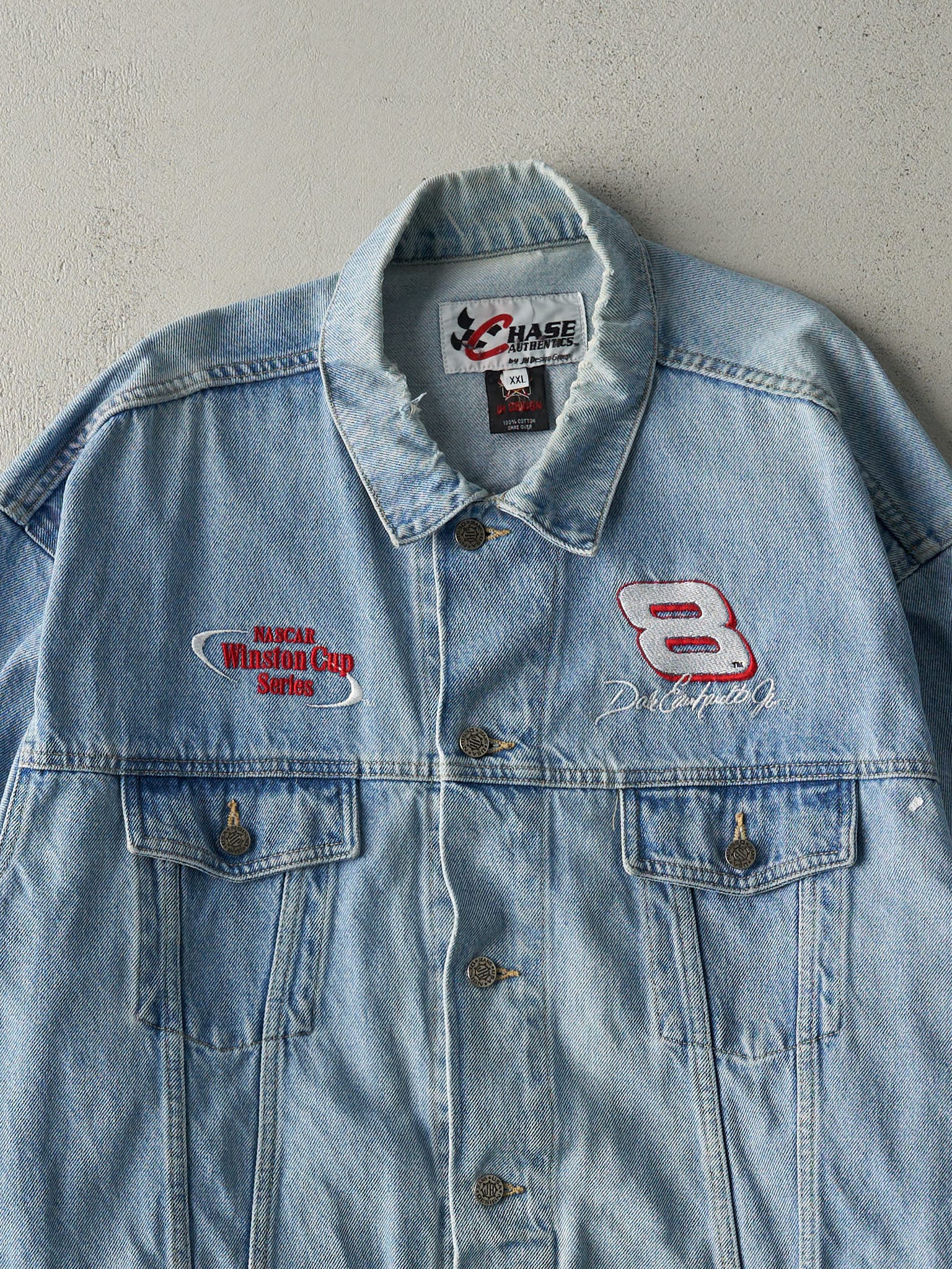 Vintage 90s Light Wash Dale Earnhardt Jr x Jeff Hamilton Nascar Bud Racing Denim Jacket (L/XL)