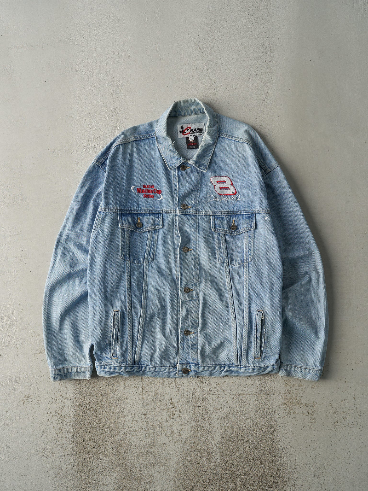 Vintage 90s Light Wash Dale Earnhardt Jr x Jeff Hamilton Nascar Bud Racing Denim Jacket (L/XL)