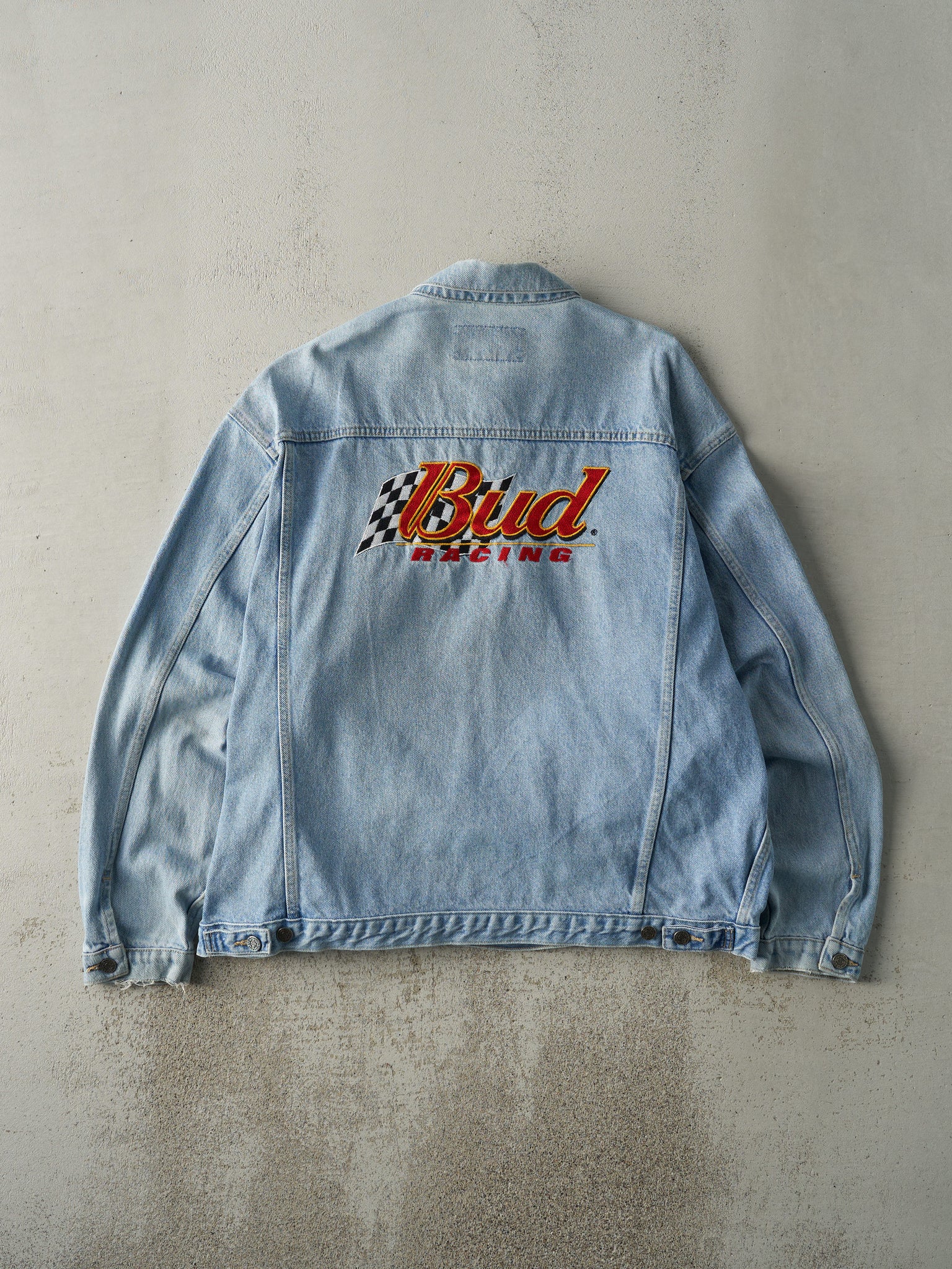 Vintage 90s Light Wash Dale Earnhardt Jr x Jeff Hamilton Nascar Bud Racing Denim Jacket (L/XL)