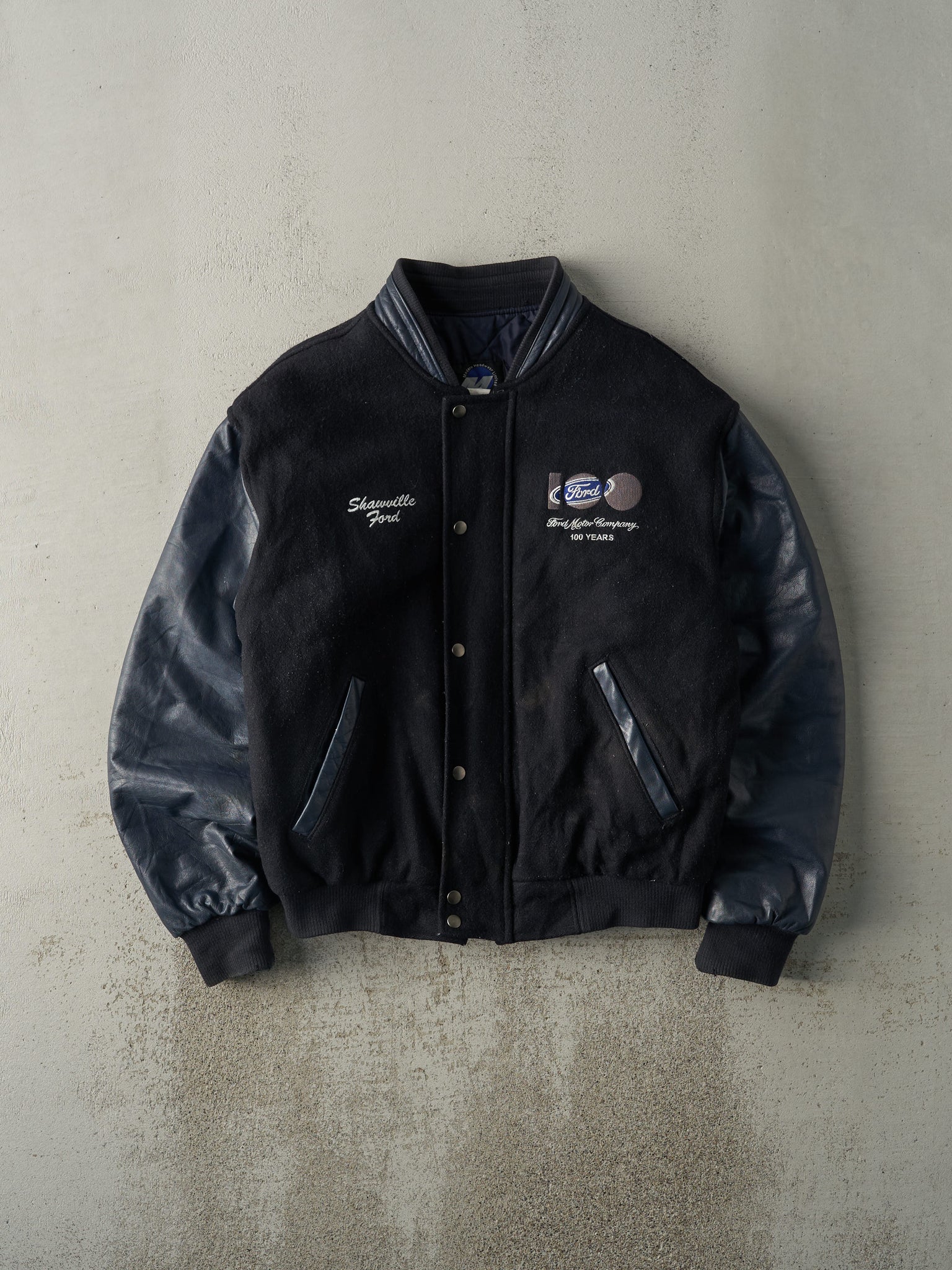 Vintage 02' Navy Blue Ford Anniversary Varsity Bomber Jacket (M/L)