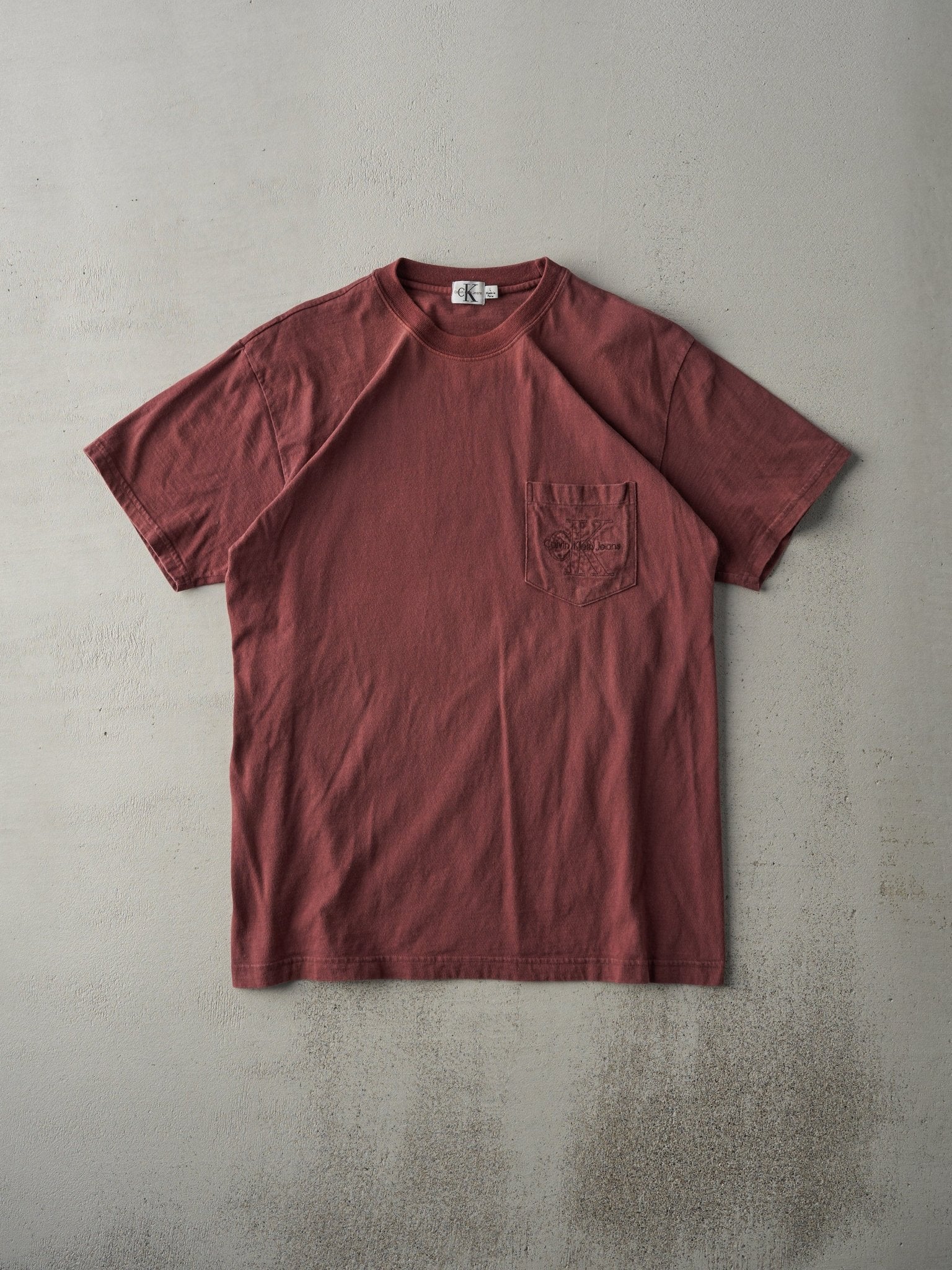 Vintage 90s Burgundy Calvin Klein Jeans Embroidered Pocket Tee (M)