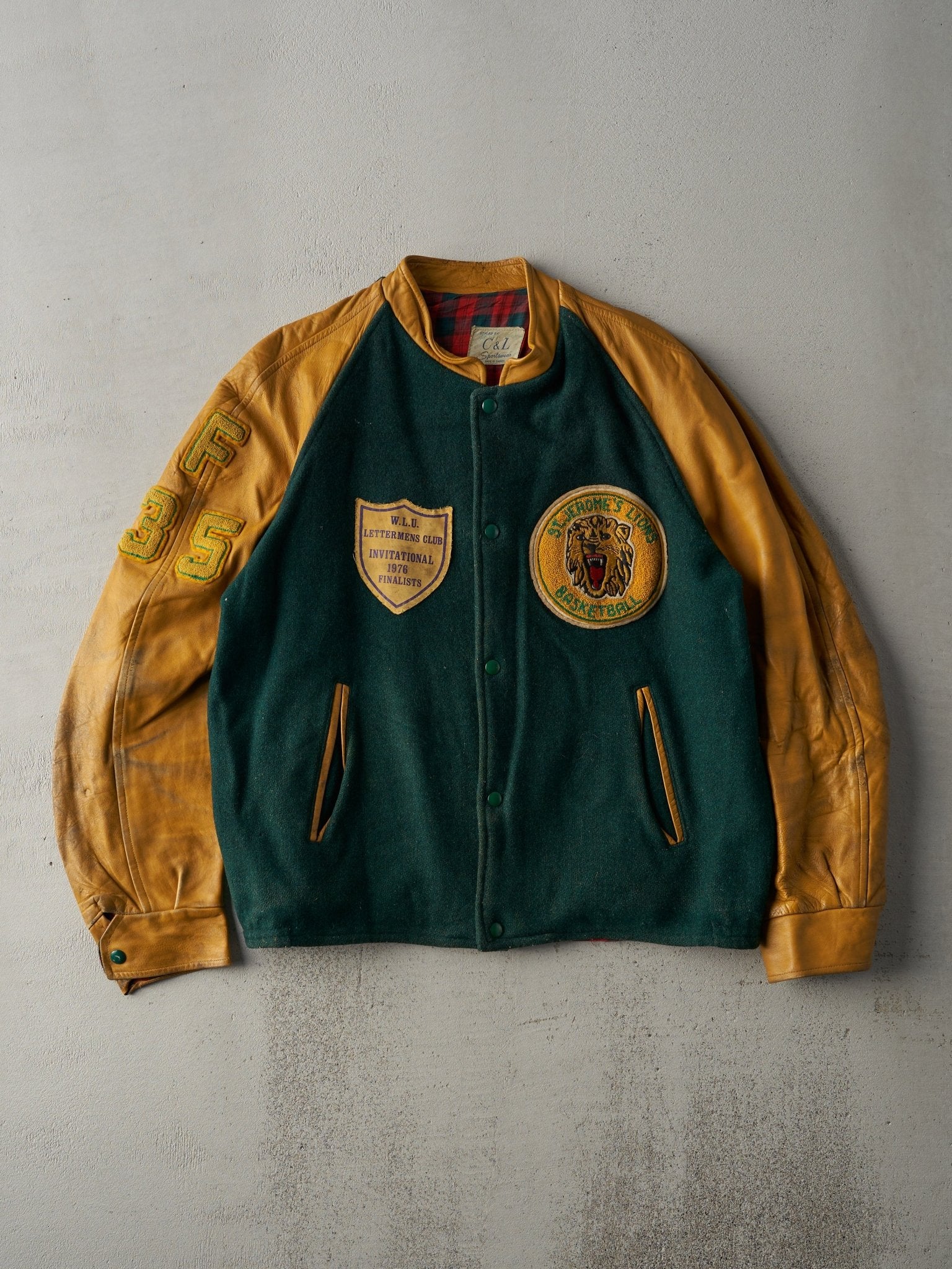 Vintage 76' Green and Yellow St. Jeromes Lions Leather Varsity Jacket (M)
