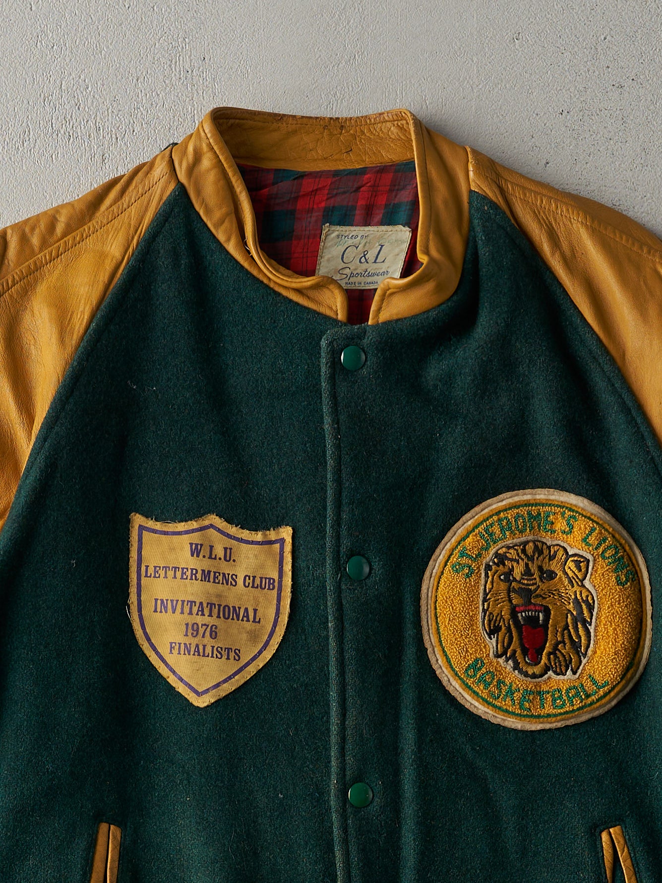 Vintage 76' Green and Yellow St. Jeromes Lions Leather Varsity Jacket (M)