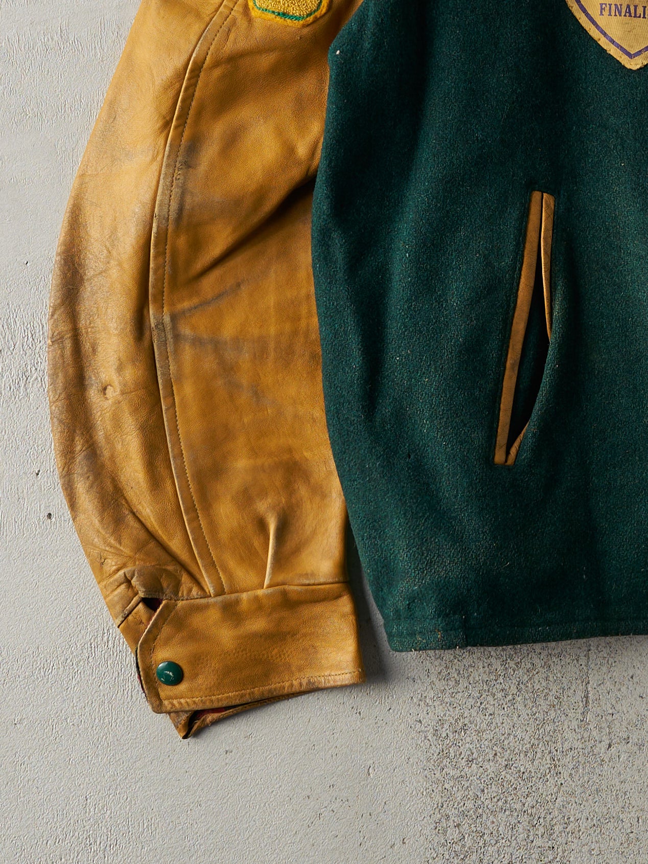 Vintage 76' Green and Yellow St. Jeromes Lions Leather Varsity Jacket (M)