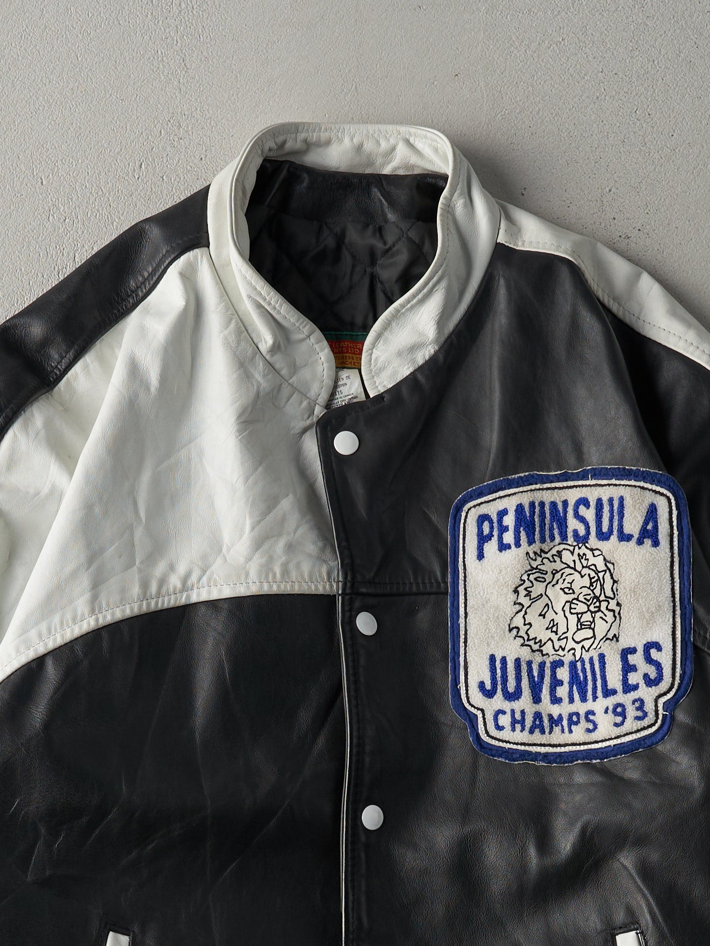 Vintage 93' Black and White Peninsula Juveniles Leather Varsity Jacket (M)