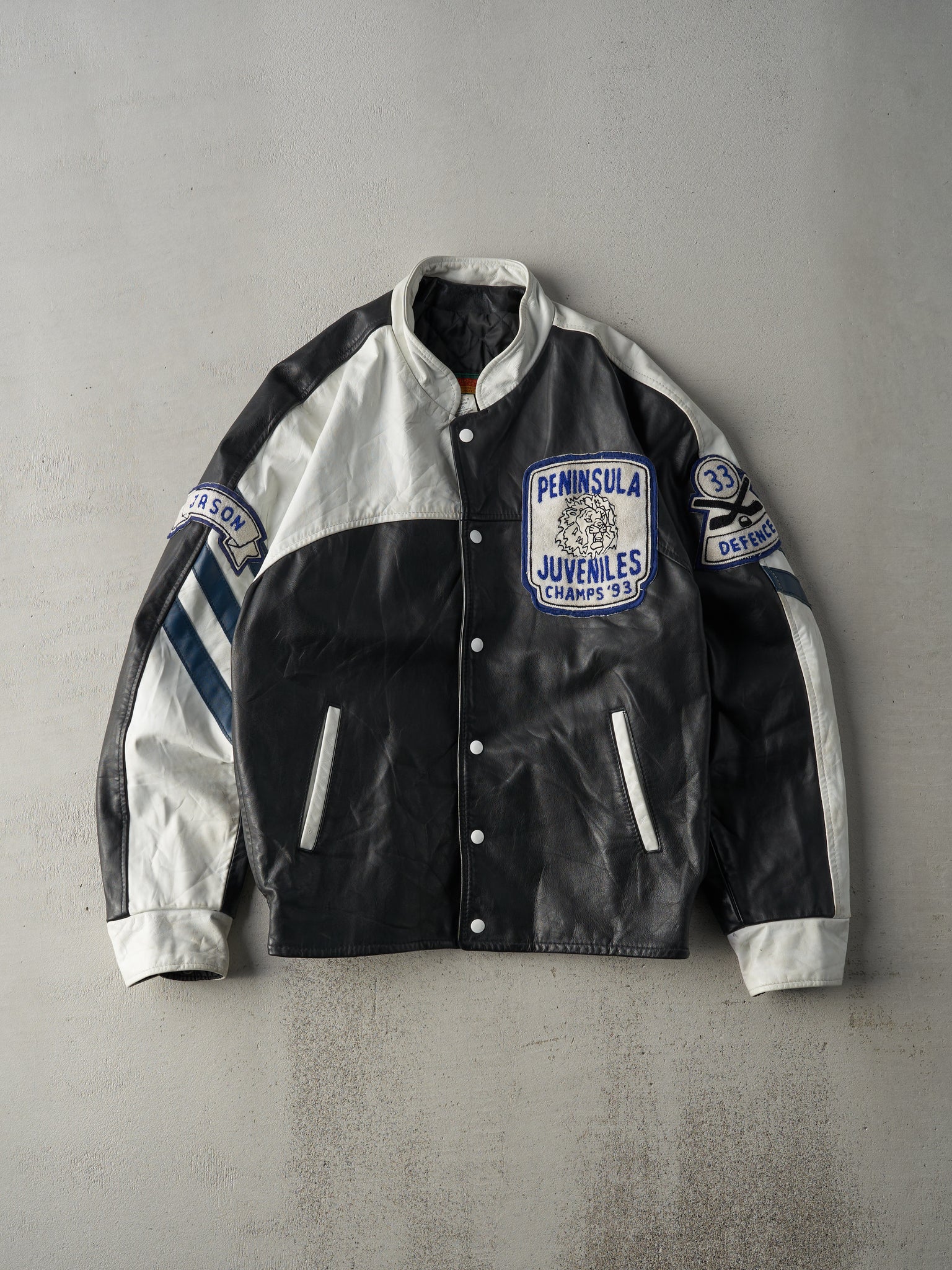 Vintage 93' Black and White Peninsula Juveniles Leather Varsity Jacket (M)