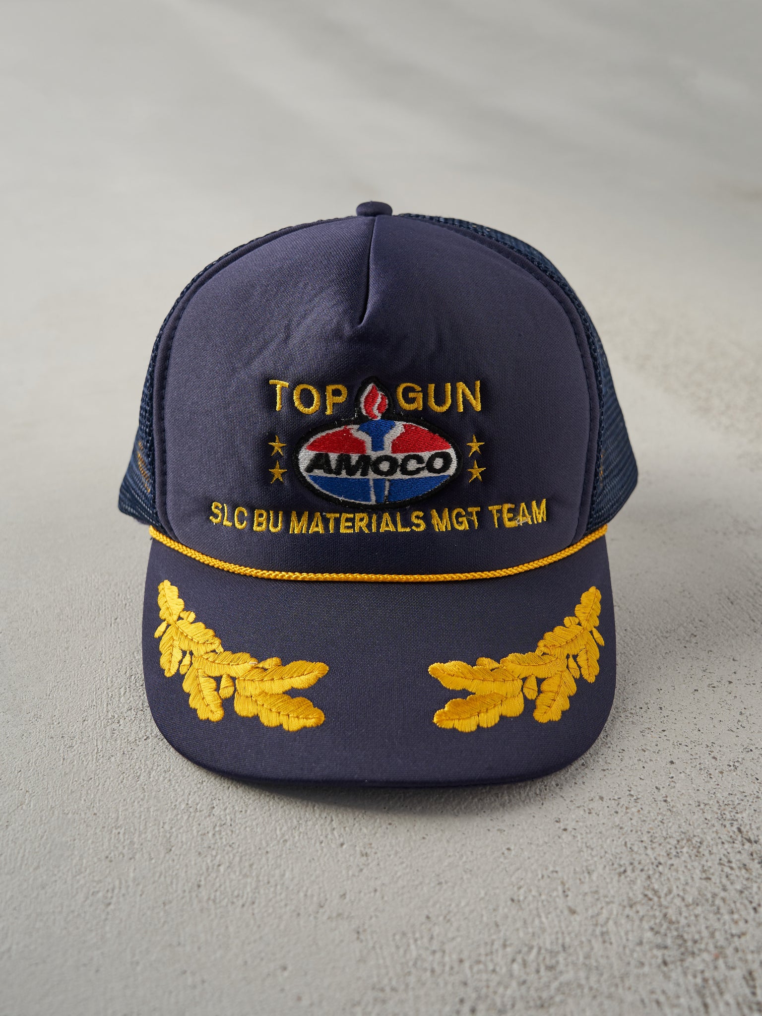 Vintage 90s Navy Blue Top Gun Amoco Oil Embroidered Foam Trucker Hat