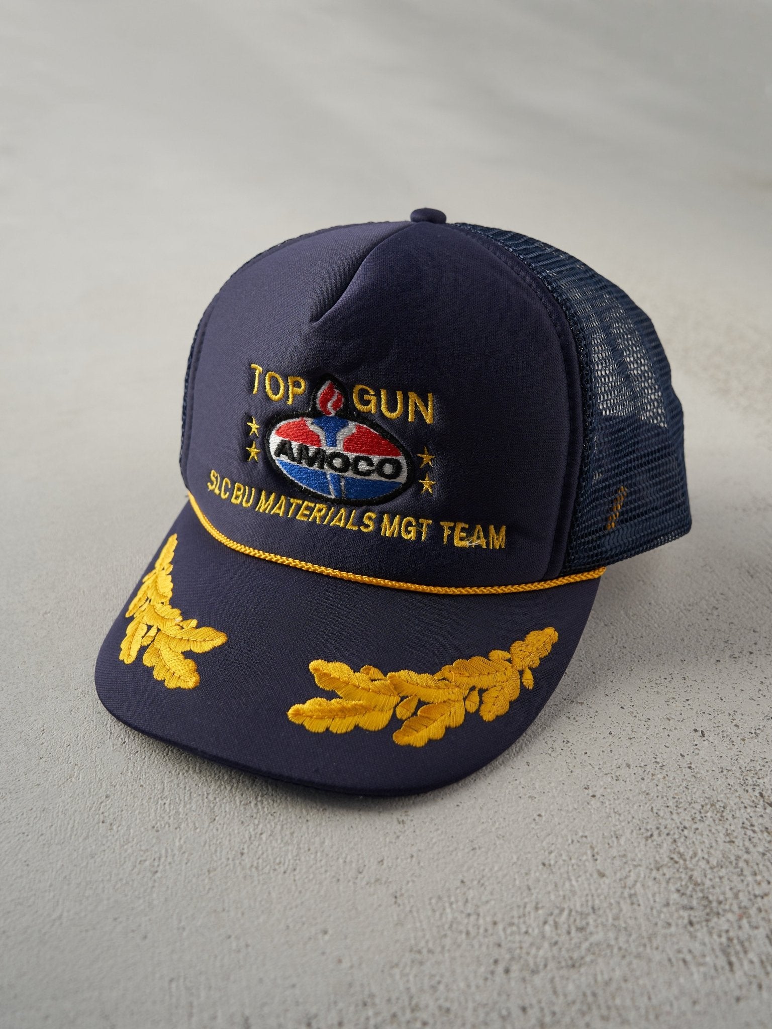 Vintage 90s Navy Blue Top Gun Amoco Oil Embroidered Foam Trucker Hat