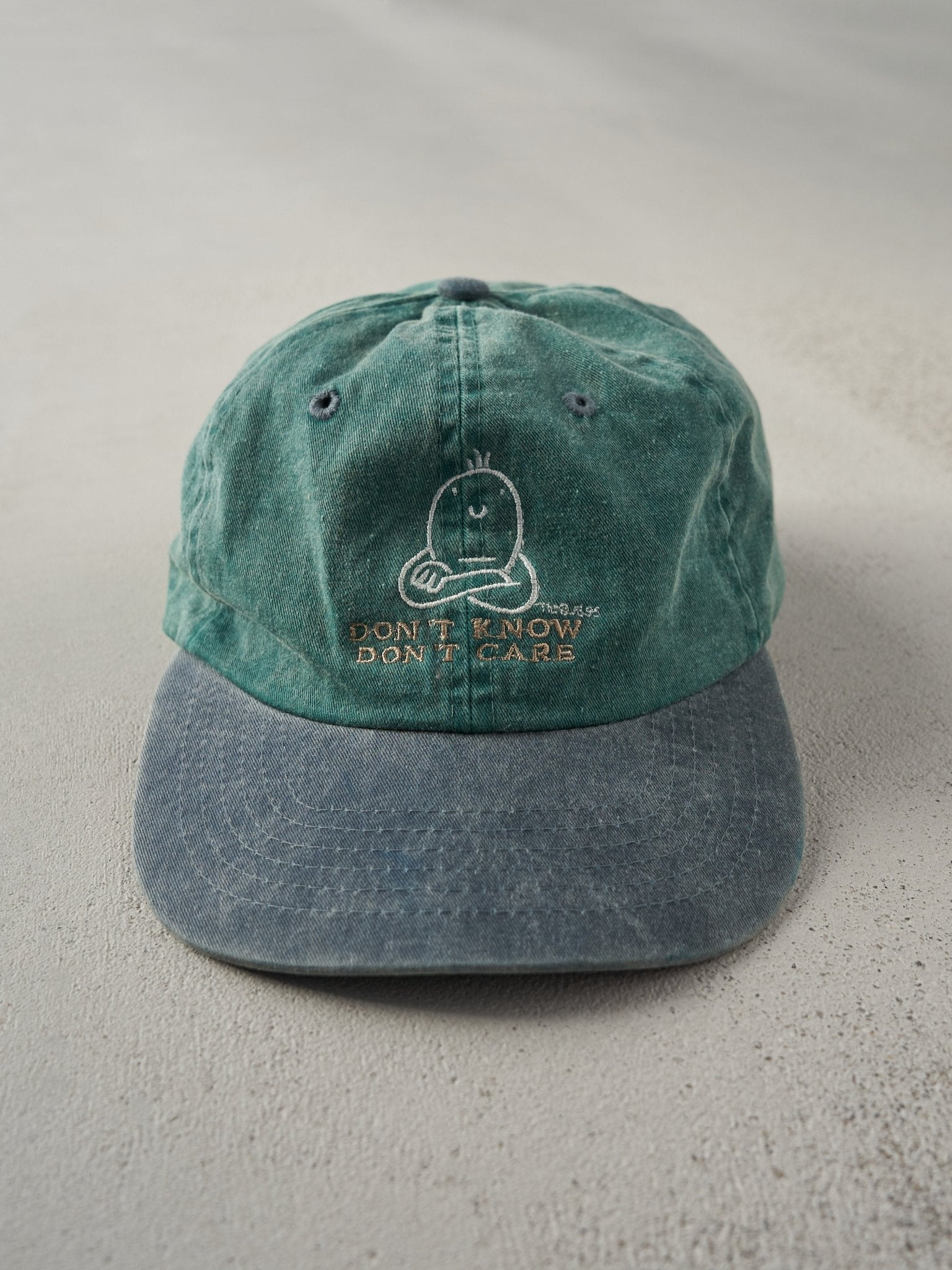Vintage 95' Washed Green "Don't Know, Don't Care" Embroidered Strapback Hat
