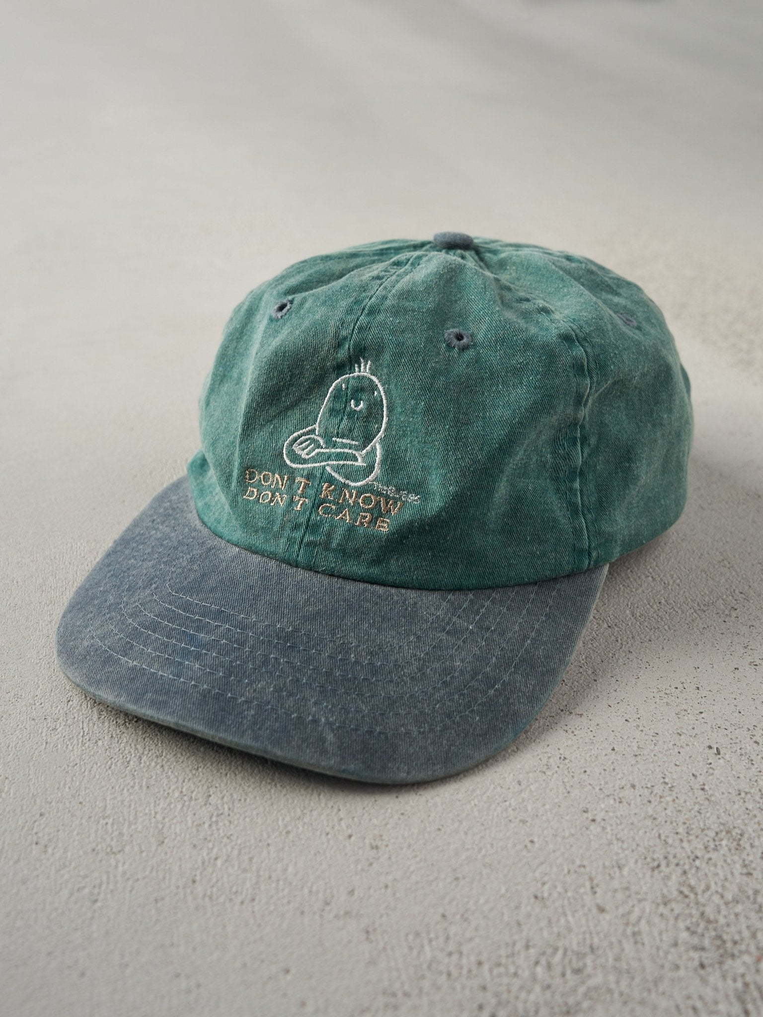 Vintage 95' Washed Green "Don't Know, Don't Care" Embroidered Strapback Hat