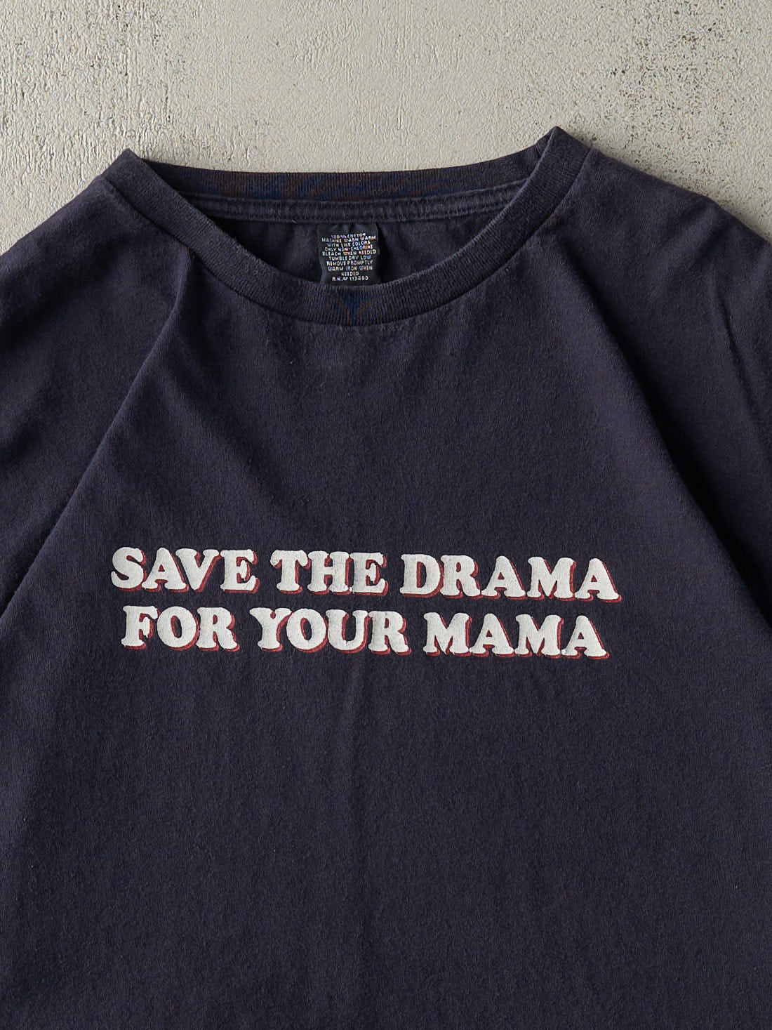Vintage Y2K Navy Blue "Save The Drama For Your Mama" Slogan Tee (L)