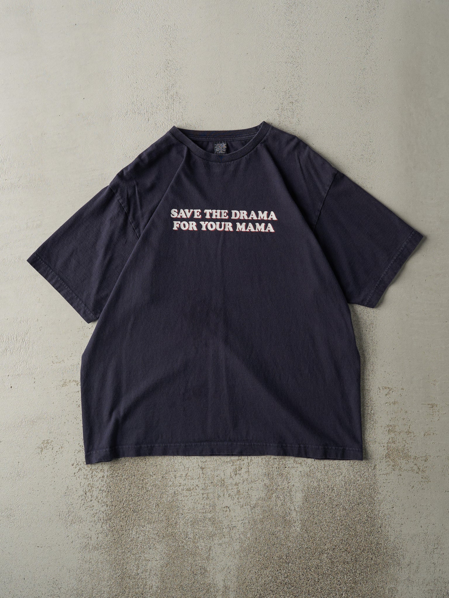 Vintage Y2K Navy Blue "Save The Drama For Your Mama" Slogan Tee (L)